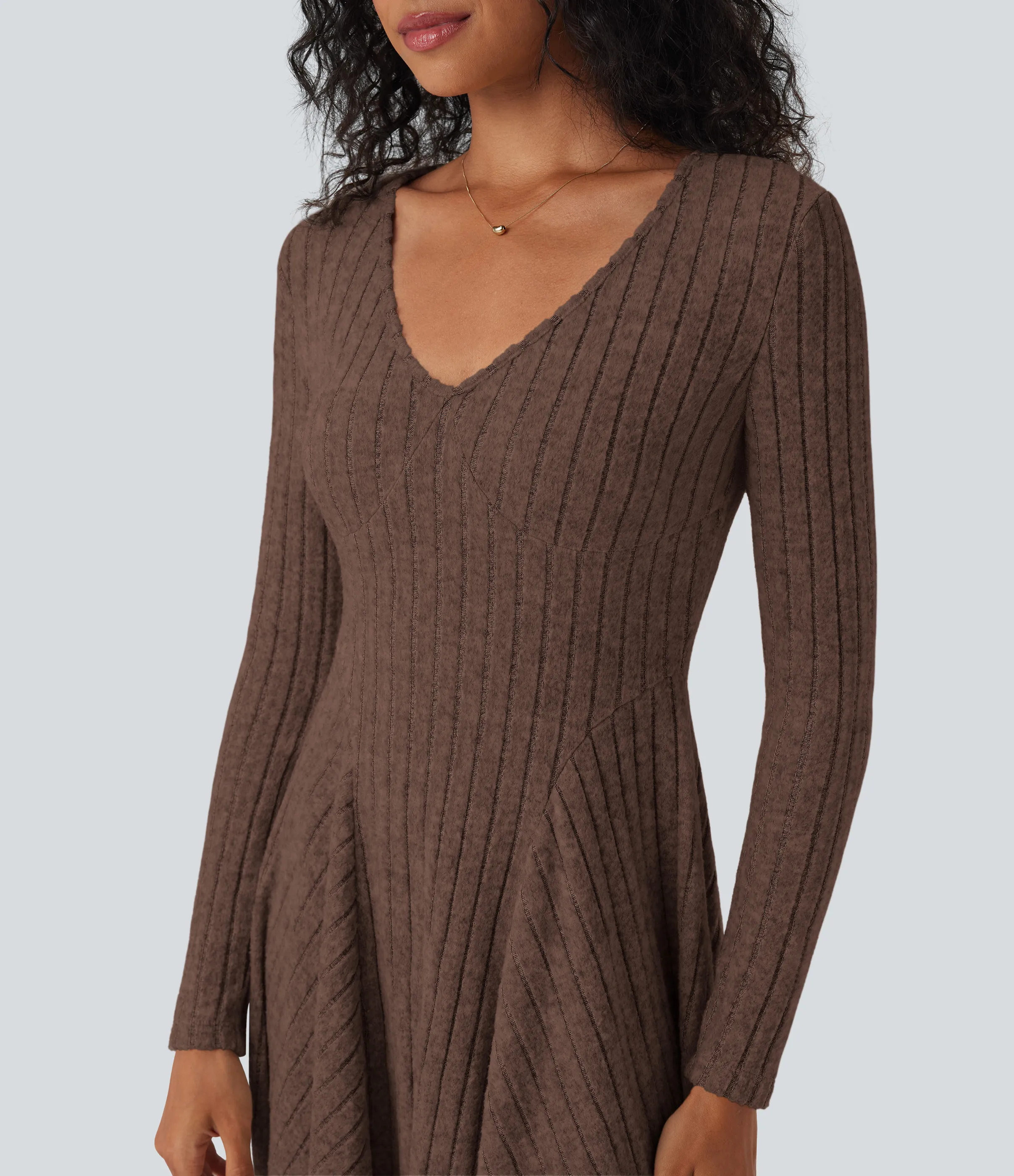 Halara Vestido mini casual acampanado de punto acanalado con cuello en V y manga larga - Earthy Brown Floral Yarn - XL sold by Halara product image thumbnail 5