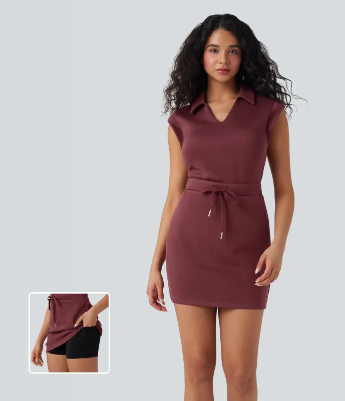 Halara Vestido de tenis 2 en 1 con cuello en V de manga corta con cordón ajustable y bolsillos - Oxblood Red - XS made by Halara