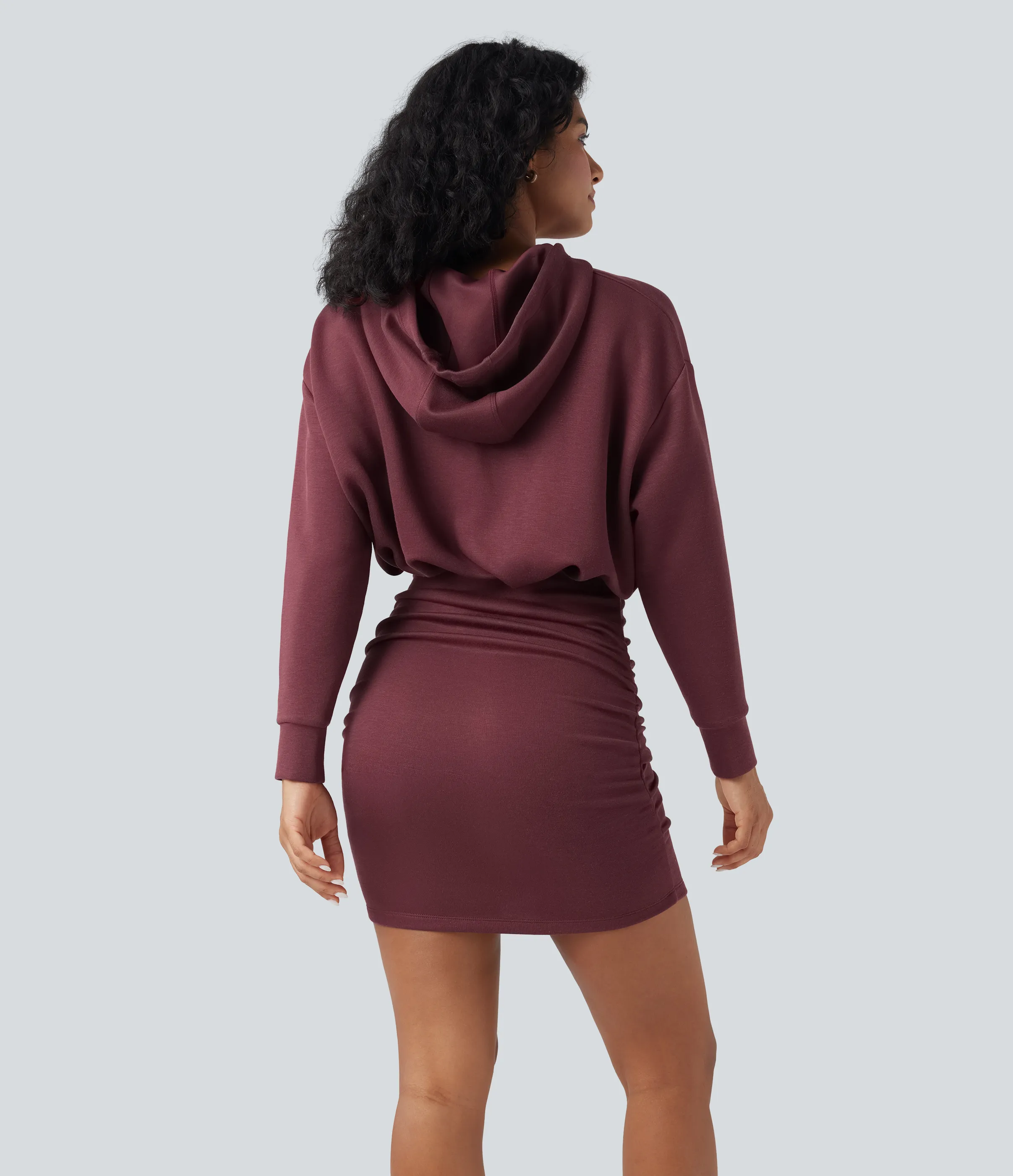 Halara Vestido mini casual de manga larga con capucha y fruncido - Oxblood Red - XL sold by Halara product image thumbnail 3