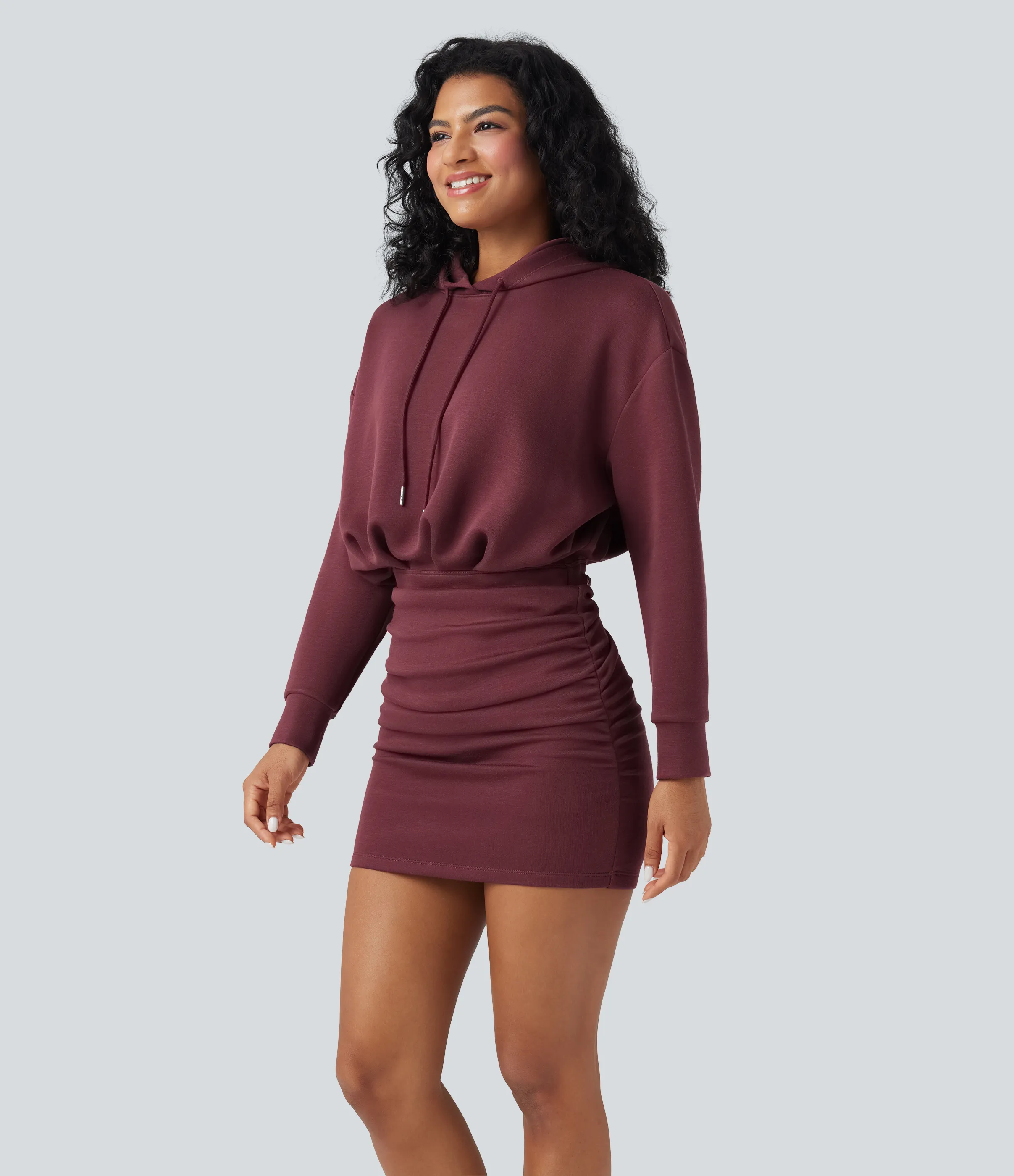 Halara Vestido mini casual de manga larga con capucha y fruncido - Oxblood Red - XL sold by Halara product image thumbnail 4