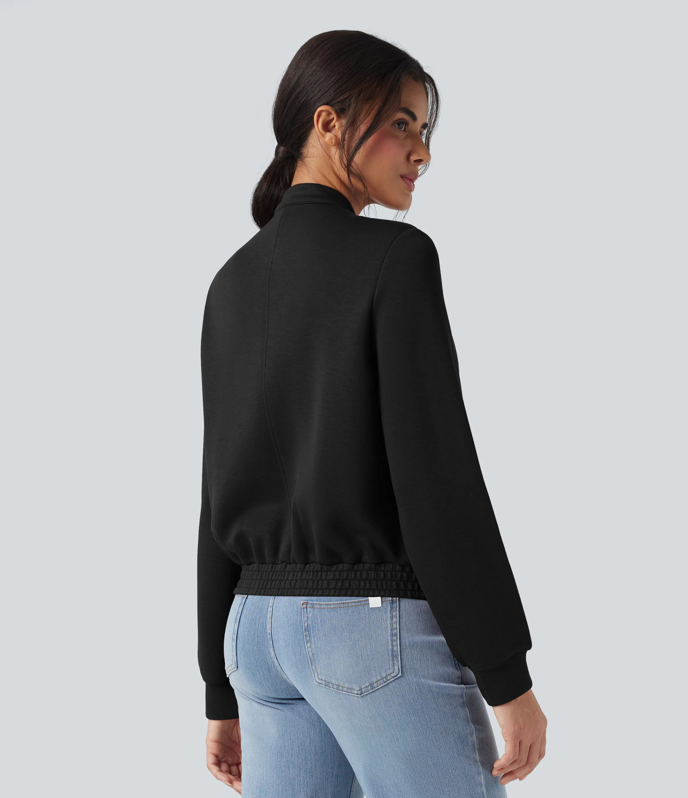 Halara Chamarra bomber casual de manga larga con cuello redondo y bolsillos - Black - L sold by Halara product image thumbnail 3