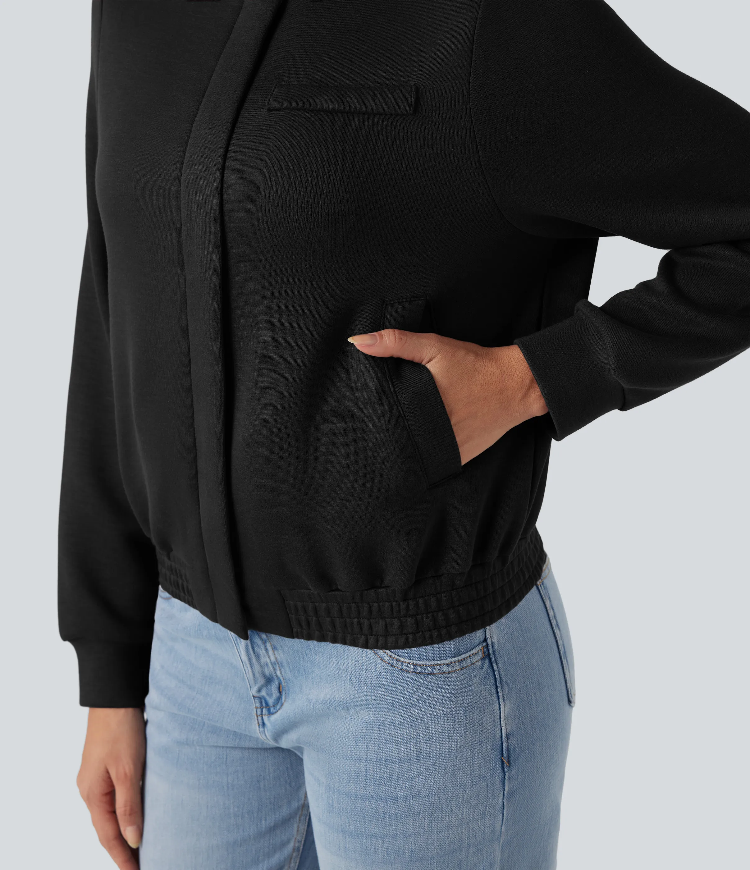 Halara Chamarra bomber casual de manga larga con cuello redondo y bolsillos - Black - L sold by Halara product image thumbnail 5