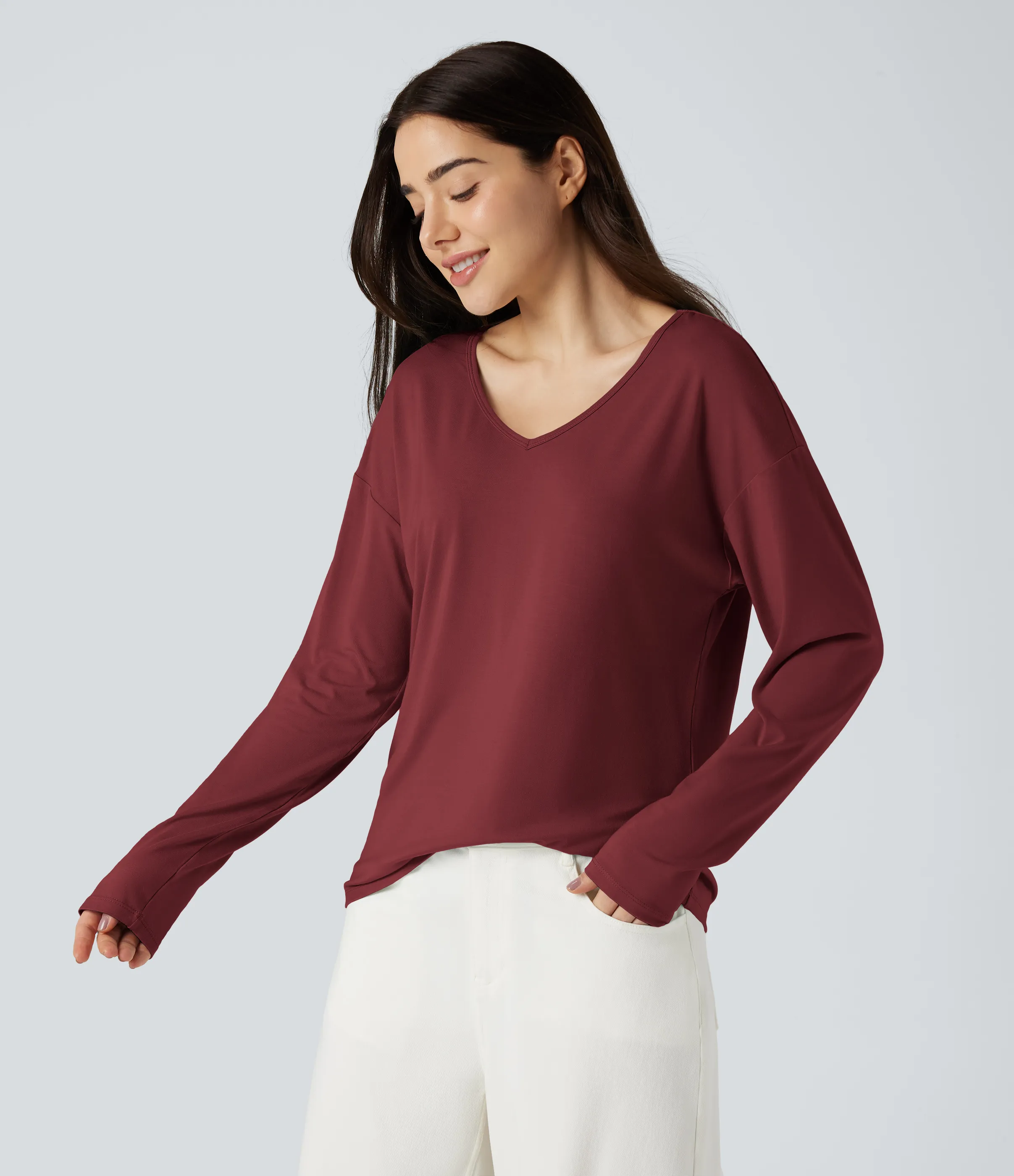 Halara Top casual de manga larga con cuello en V - New Maroon - XL sold by Halara product image thumbnail 4