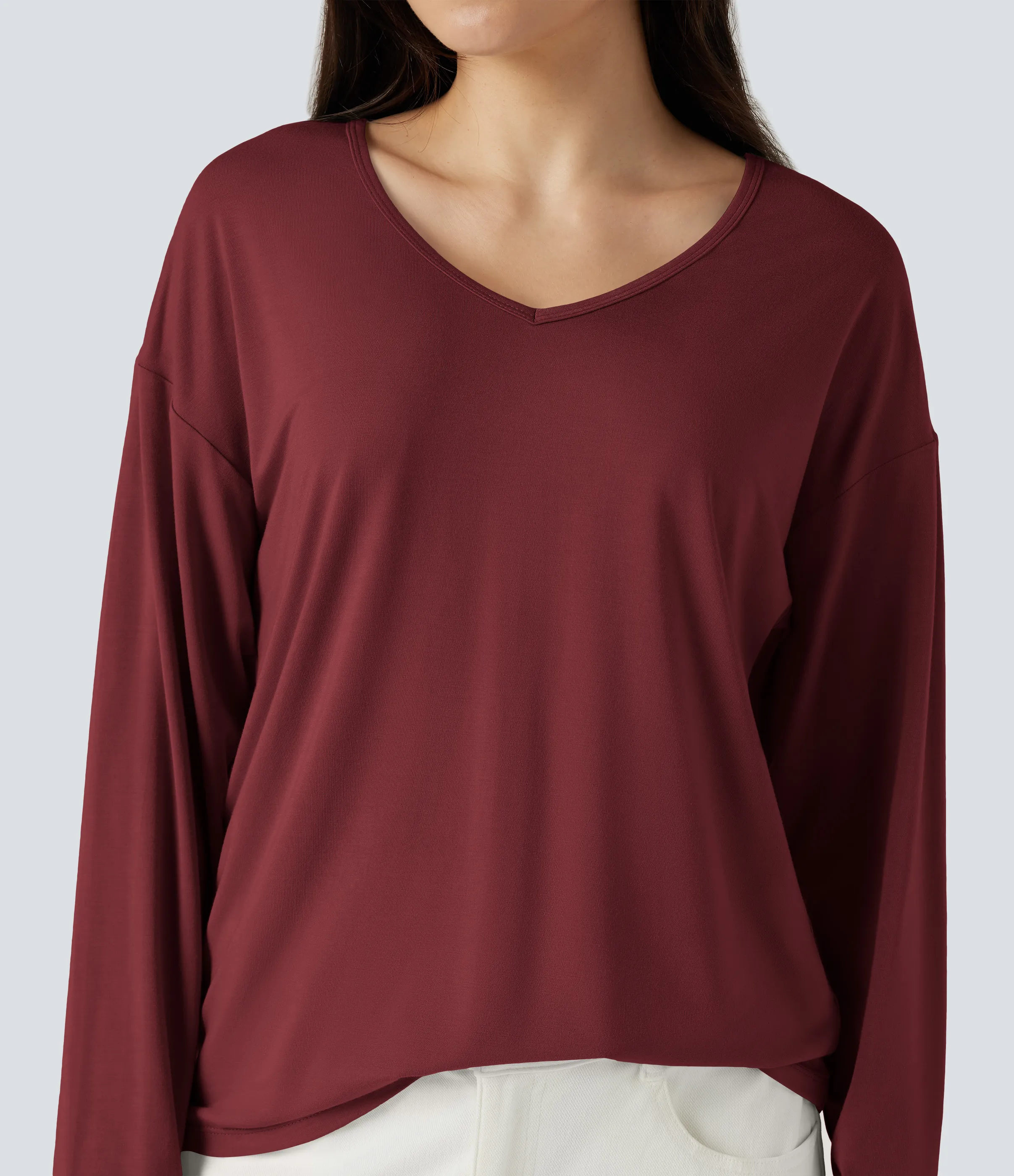 Halara Top casual de manga larga con cuello en V - New Maroon - XL sold by Halara product image thumbnail 5