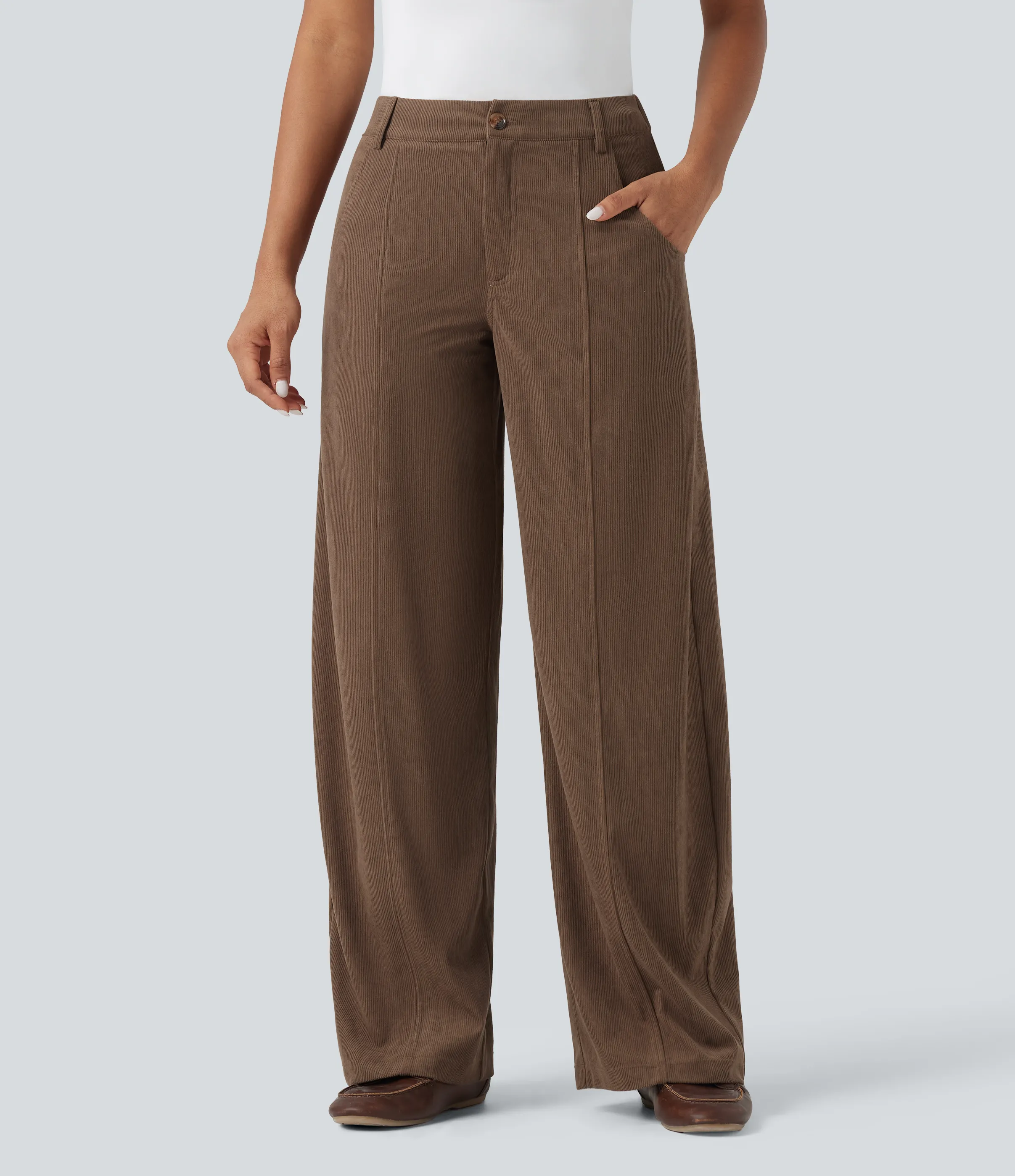 Halara Pantalones casuales anchos de pana y tiro alto con bolsillos - Camellia Brown - XL(regular) sold by Halara product image thumbnail 3