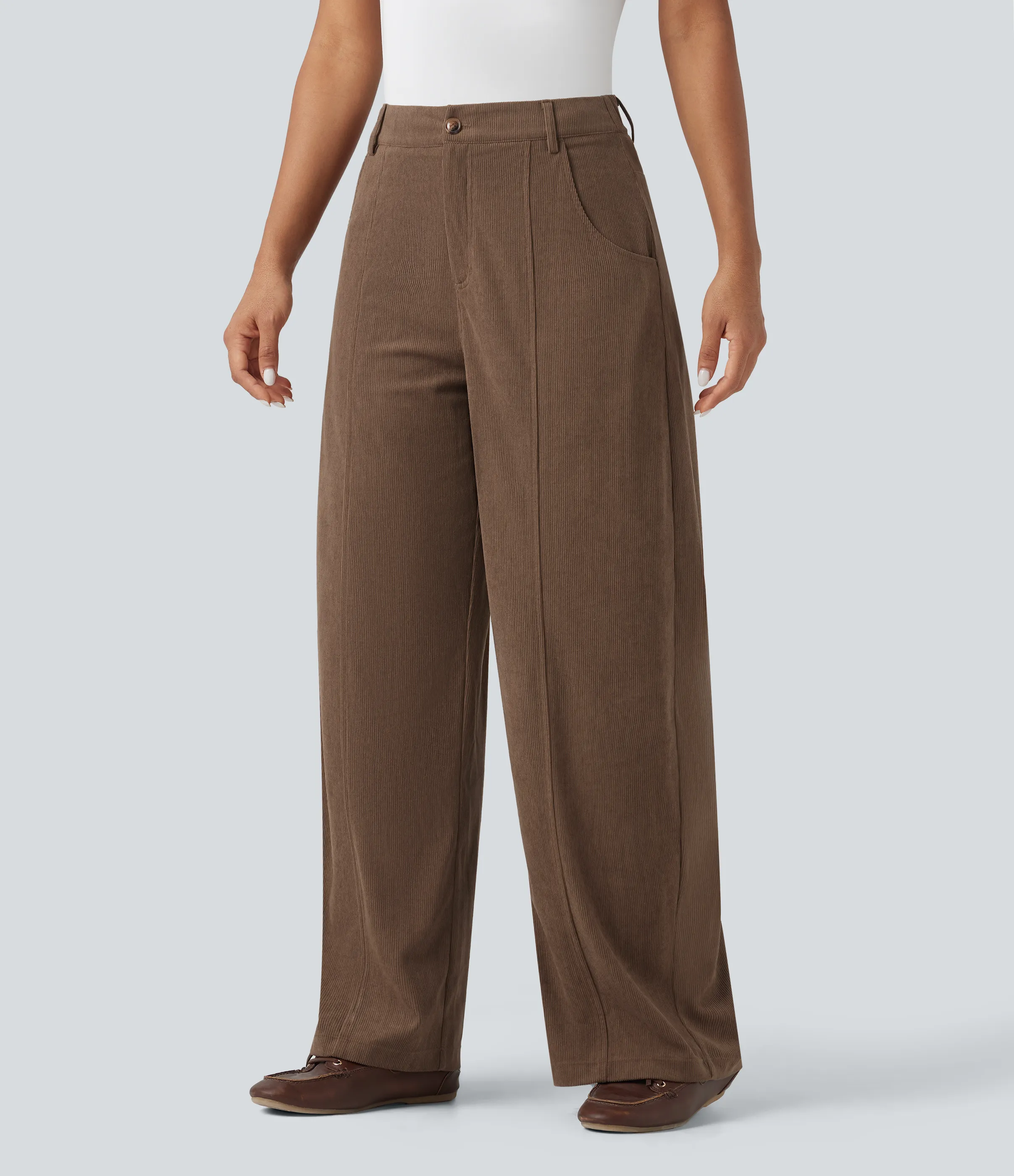 Halara Pantalones casuales anchos de pana y tiro alto con bolsillos - Camellia Brown - XL(regular) sold by Halara product image thumbnail 4