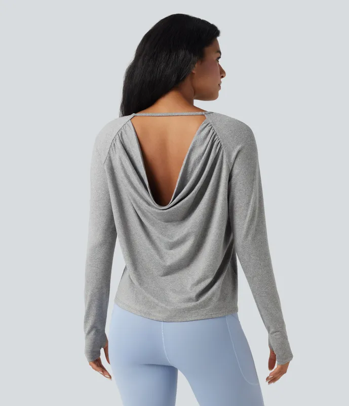 Halara Top deportivo de yoga con abertura para el pulgar y manga larga con espalda descubierta - Fog Gray - S sold by Halara