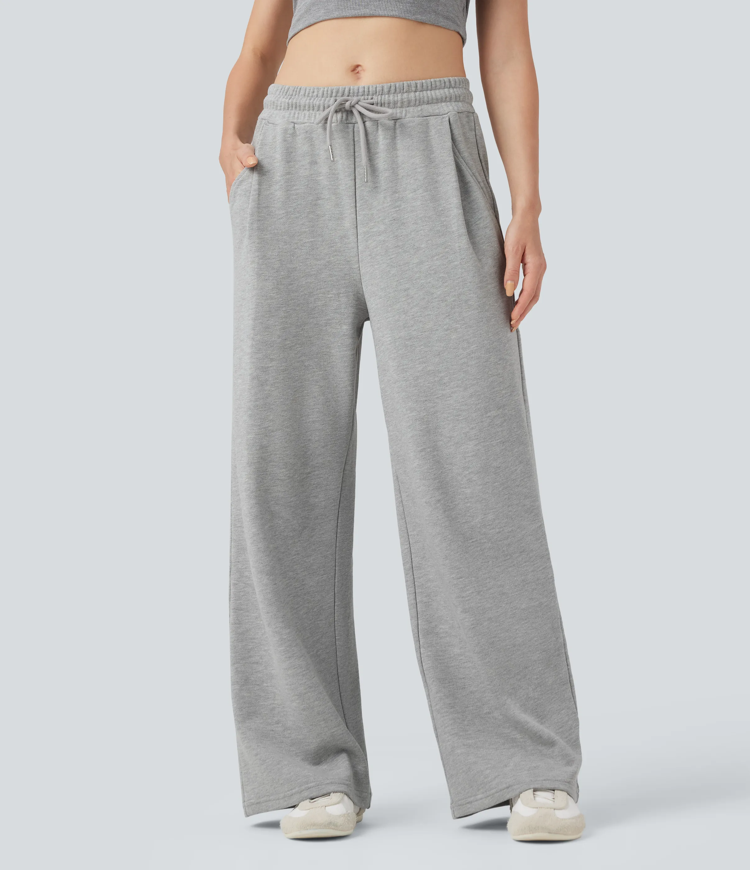 Halara Pantalones casuales de algodón con tiro medio y cordón ajustable con bolsillos - Fog Gray - XL(regular) sold by Halara