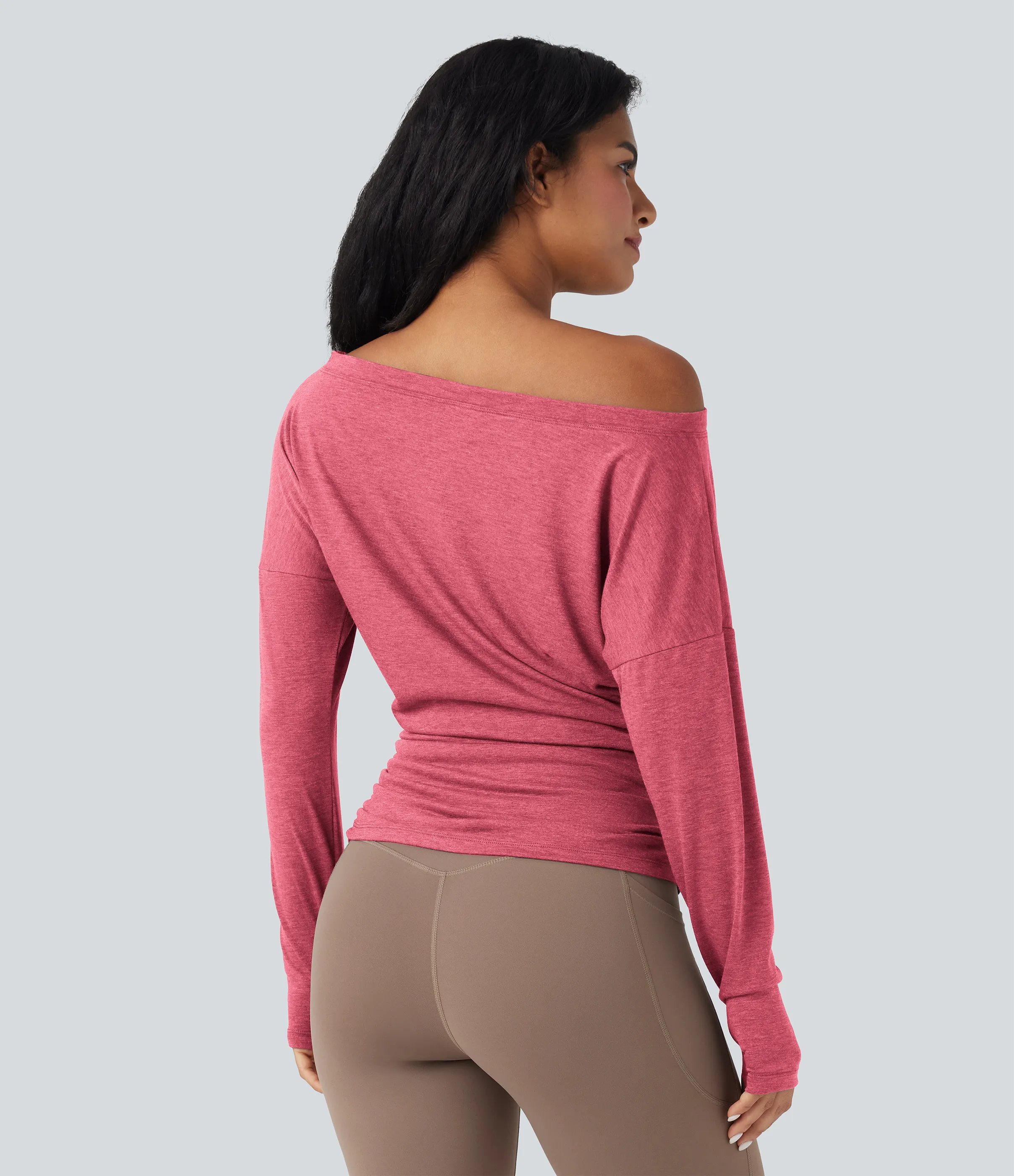 Halara Top deportivo de yoga fruncido con manga larga y un solo hombro con abertura para el pulgar - Mottled Rose Pink - XS sold by Halara product image thumbnail 3