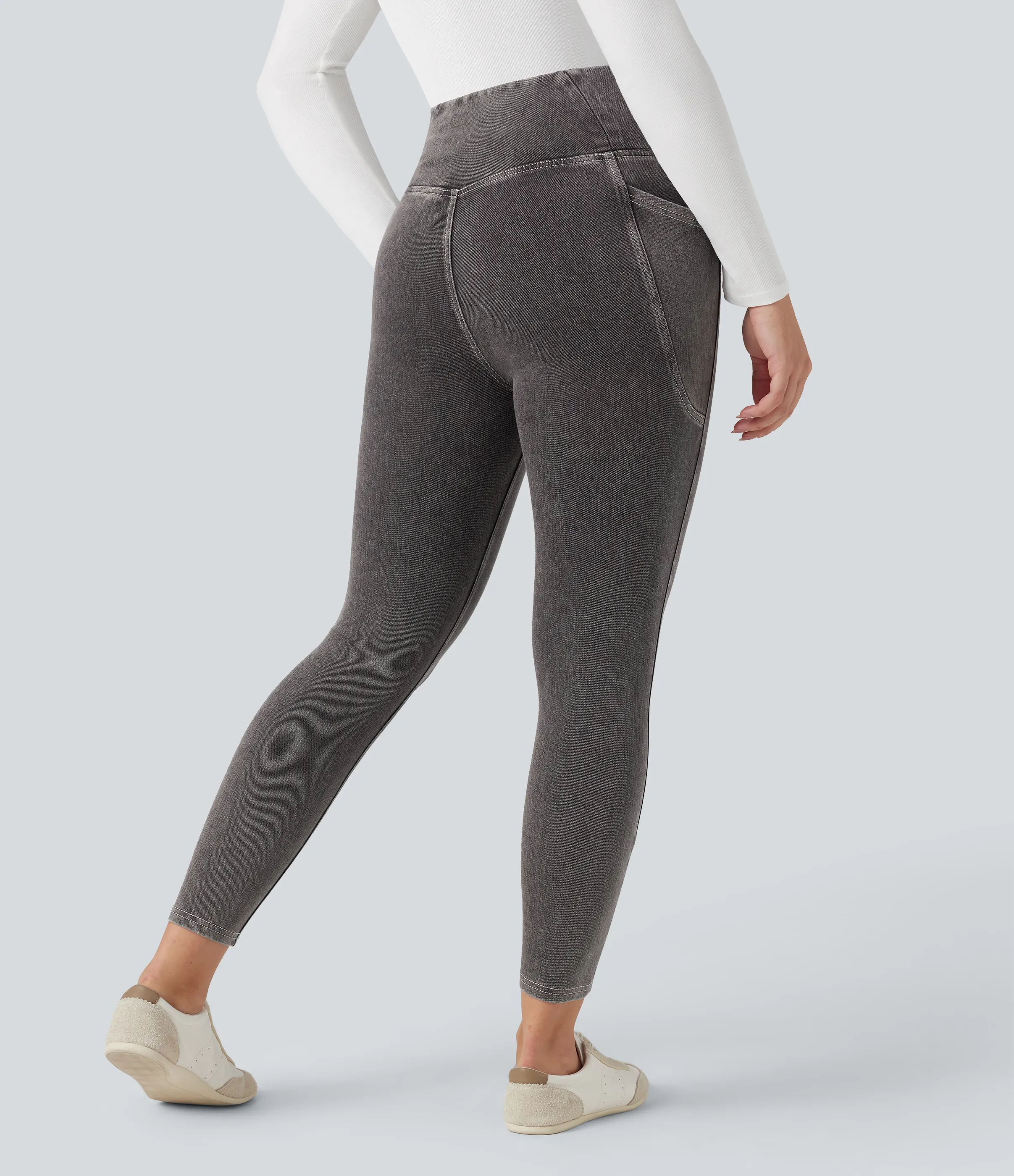 Halara Leggings Halara Flex™ Denim oficina mezclilla elástico lavado bolsillo lateral cruzado - Cool Gray Denim - L(7/8) sold by Halara product image thumbnail 3