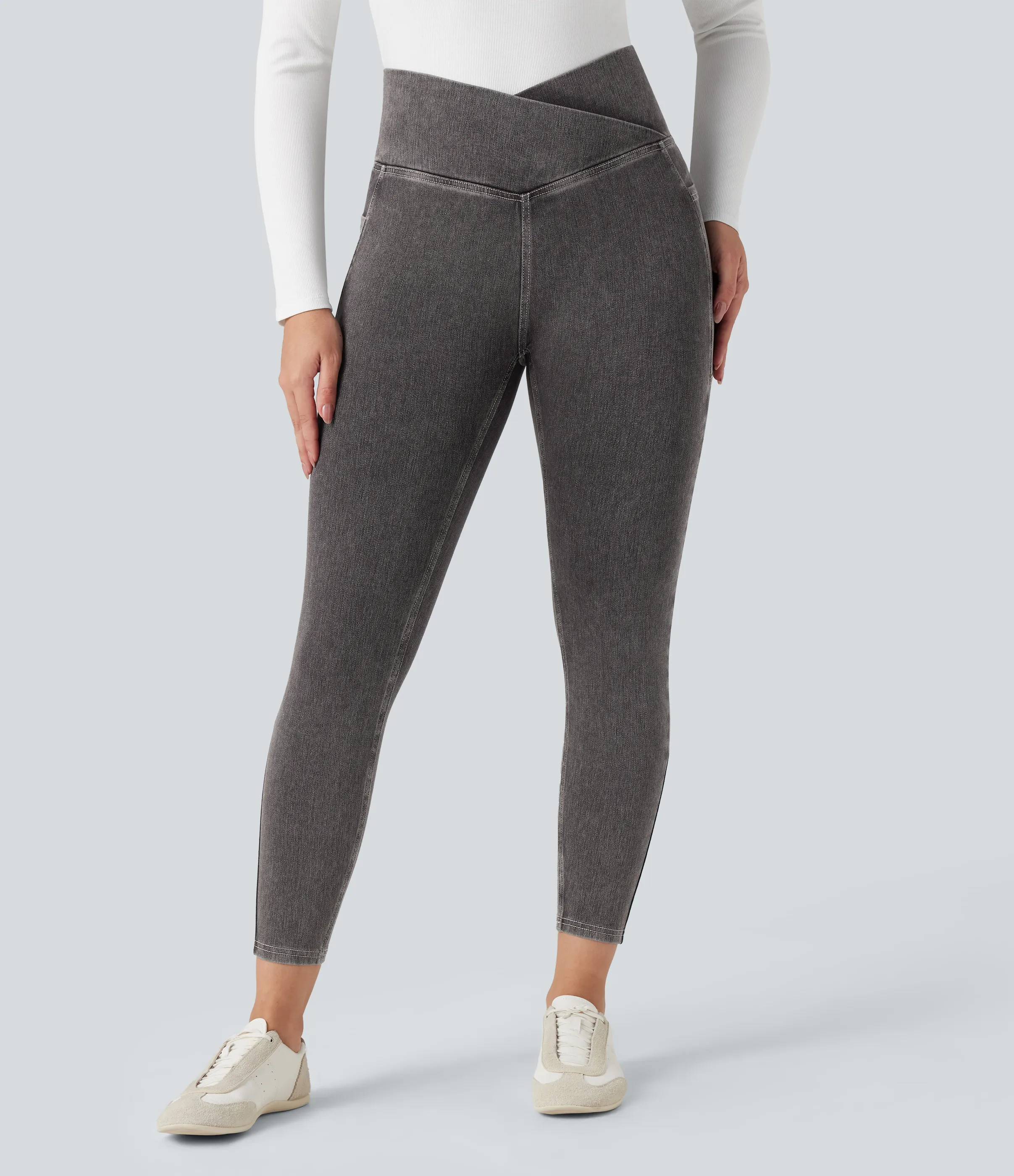 Halara Leggings Halara Flex™ Denim oficina mezclilla elástico lavado bolsillo lateral cruzado - Cool Gray Denim - L(7/8) sold by Halara product image thumbnail 4