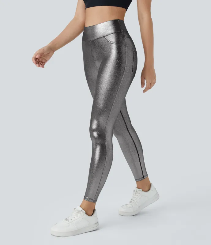 Halara Leggings oficina Softlyzero™ Faux Leather bolsillo lateral trasero tiro alto - Shiny Black Silver - XL(full_length) sold by Halara