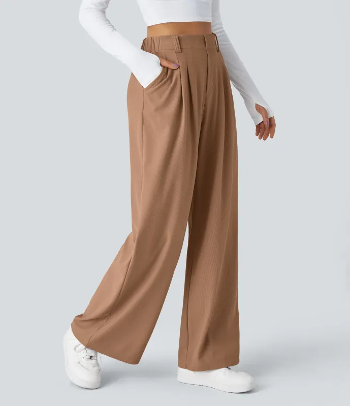 Halara Pantalones Halara Flex™ de oficina anchos plisados de tiro alto con bolsillos en tela tipo gofre - Macchiato - L(tall) sold by Halara
