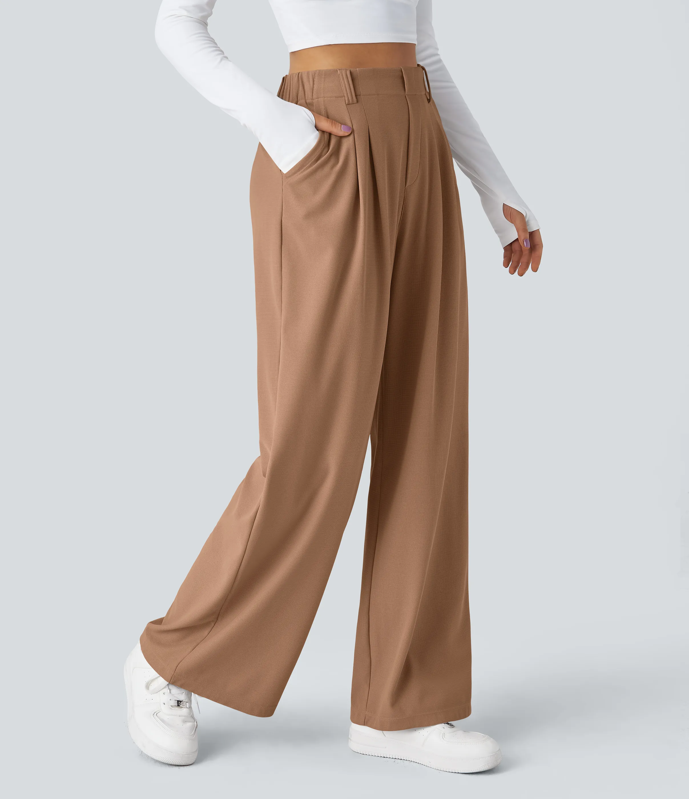 Halara Pantalones Halara Flex™ de oficina anchos plisados de tiro alto con bolsillos en tela tipo gofre - Macchiato - L(tall) sold by Halara