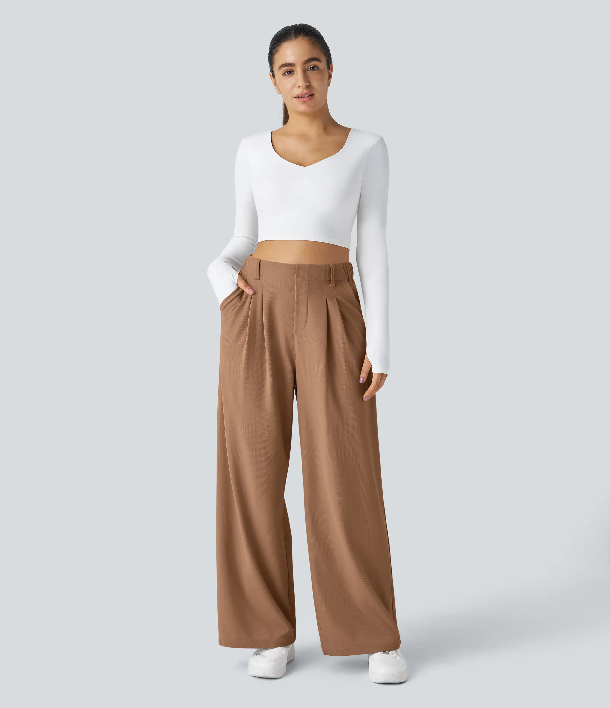 Halara Pantalones Halara Flex™ de oficina anchos plisados de tiro alto con bolsillos en tela tipo gofre - Macchiato - L(tall) sold by Halara product image thumbnail 5