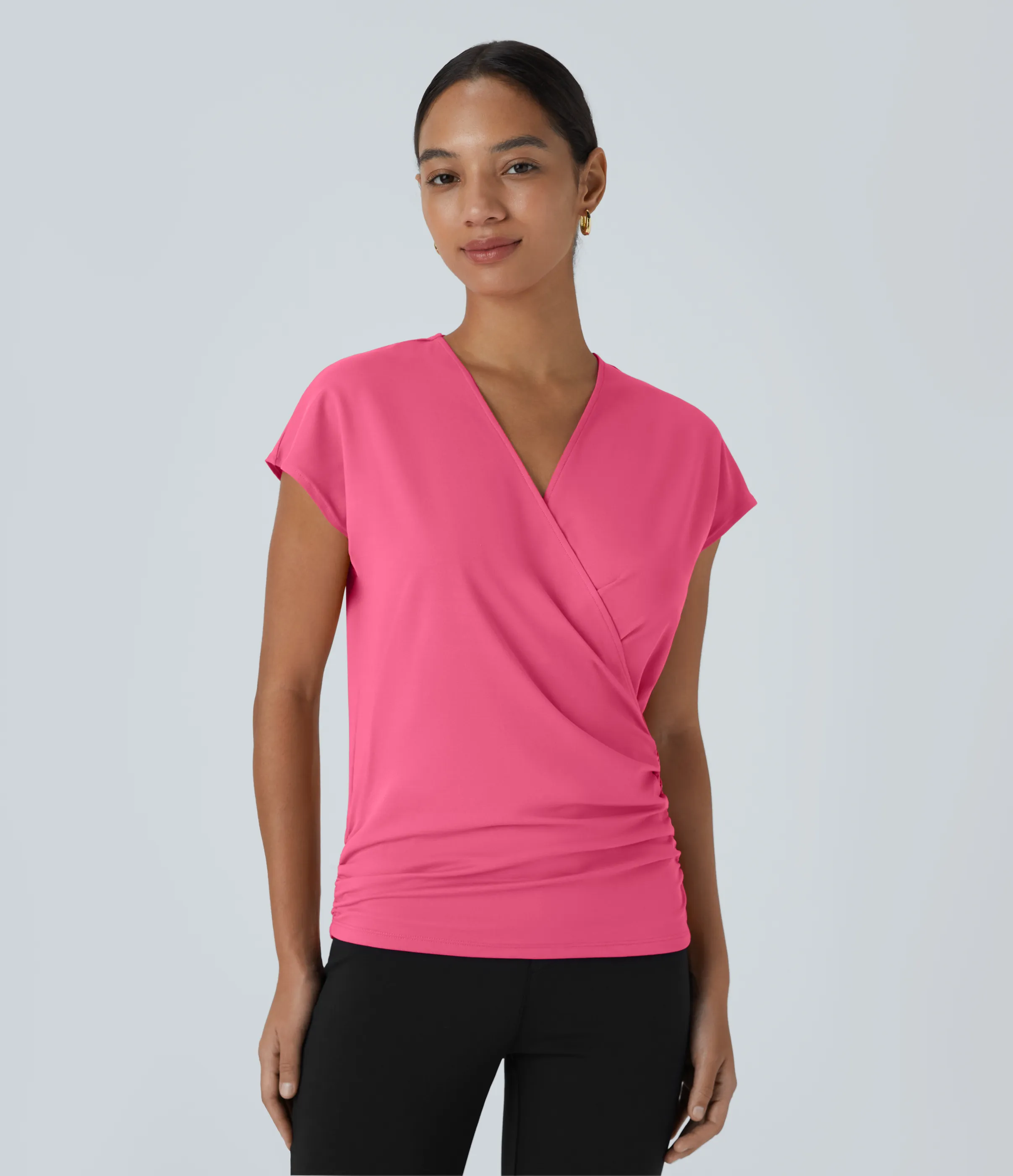 Halara Blusa oficina sólida pliegue cruzado manga japonesa cuello V - Innuendo - L sold by Halara