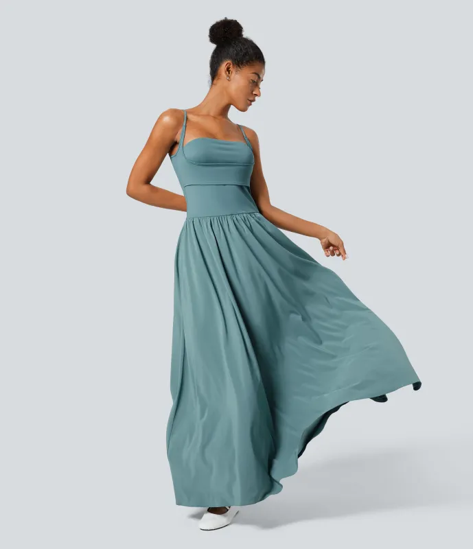 Halara Vestido Breezeful™ lencero secado rápido largo plisado fluido acampanado sin espalda bolsillo lateral - Stone Blue - M made by Halara