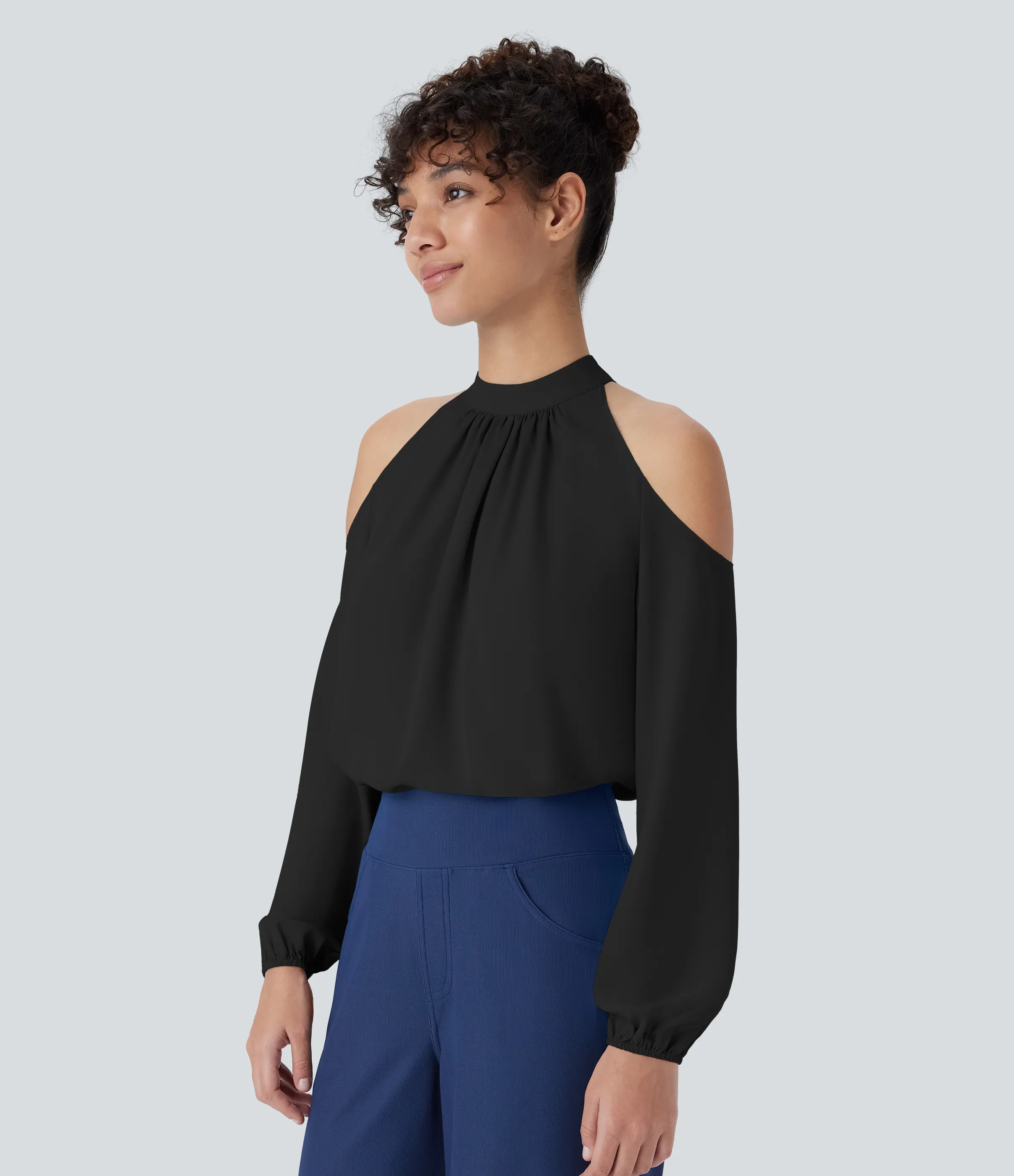 Halara Blusa cuello alto botón sin hombro manga obispo - Black - S sold by Halara product image thumbnail 4