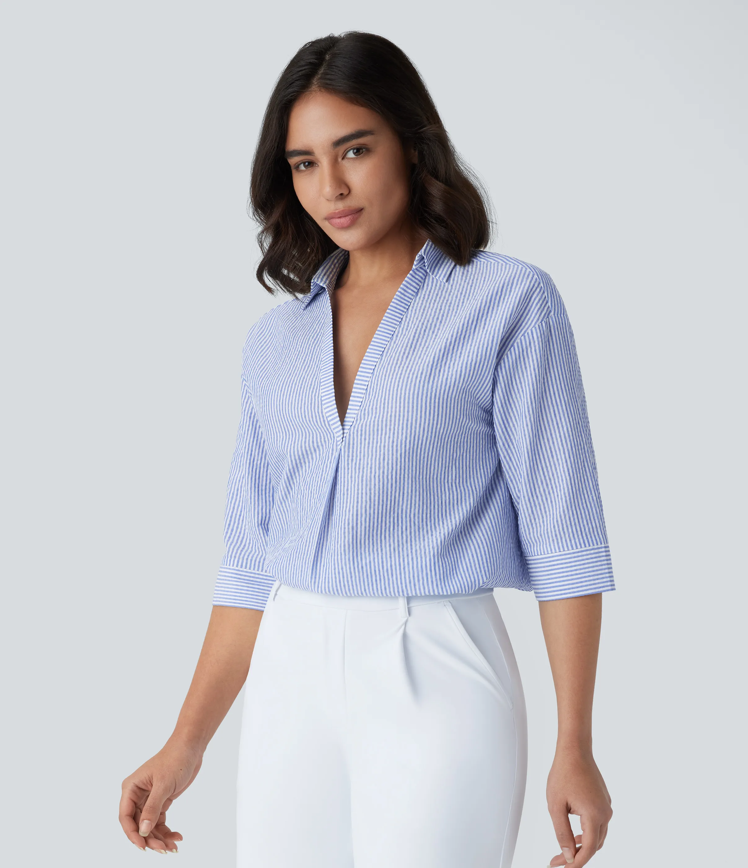 Halara Blusa oficina raya dobladillo curvo media manga - Sky Blue Striped Denim - L sold by Halara product image thumbnail 4