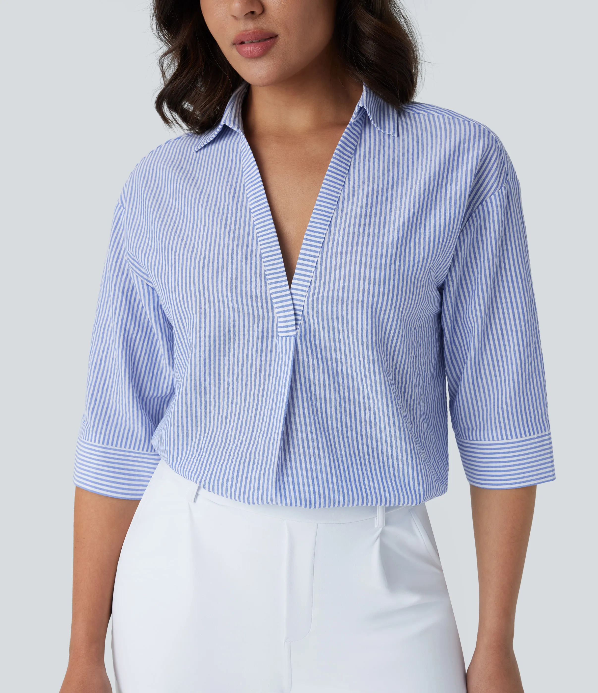 Halara Blusa oficina raya dobladillo curvo media manga - Sky Blue Striped Denim - L sold by Halara product image thumbnail 5