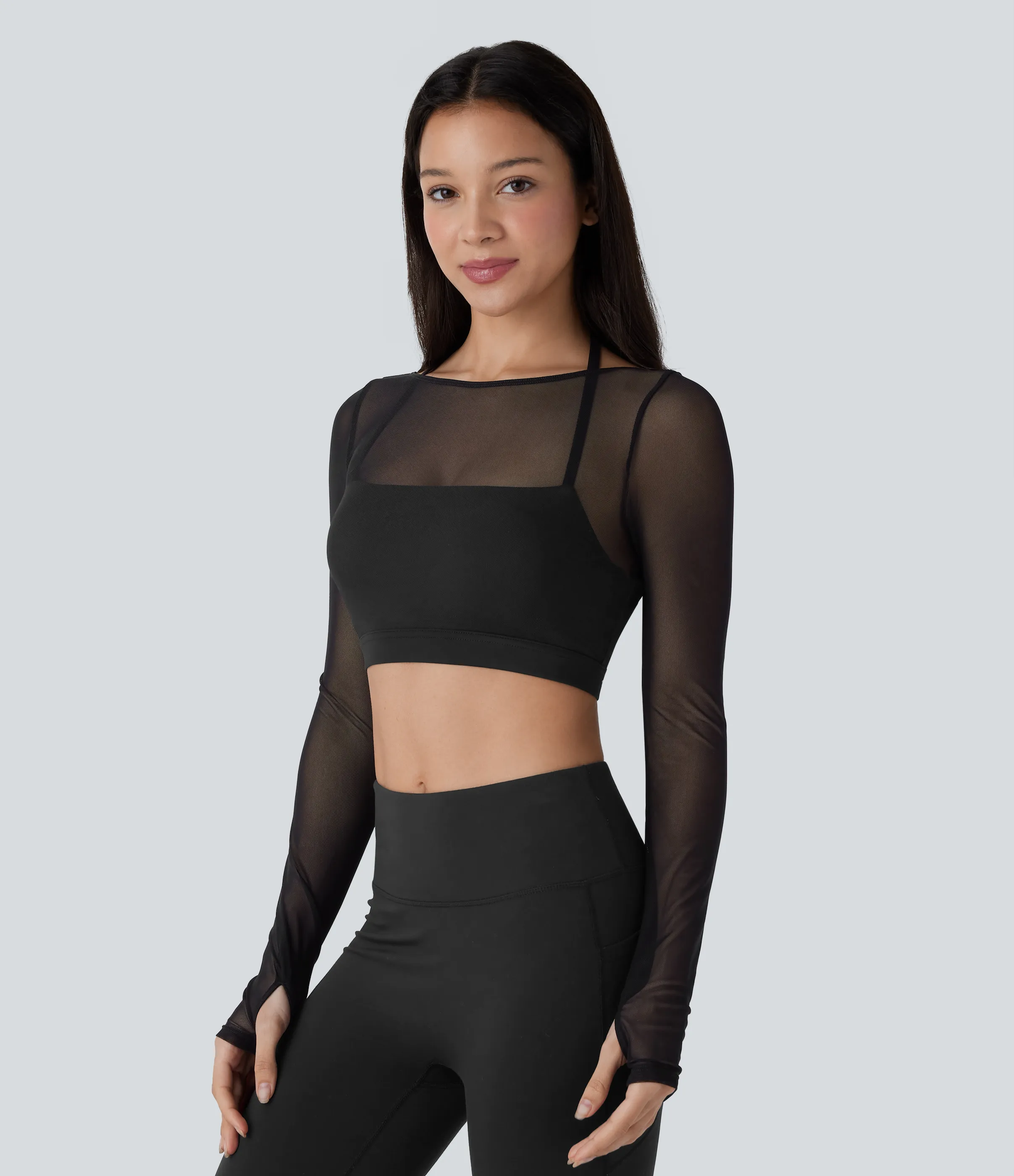 Halara Top deportivo yoga 2 en 1 corto manga larga cuello halter abertura pulgar malla contrastante - Black - XL sold by Halara product image thumbnail 4