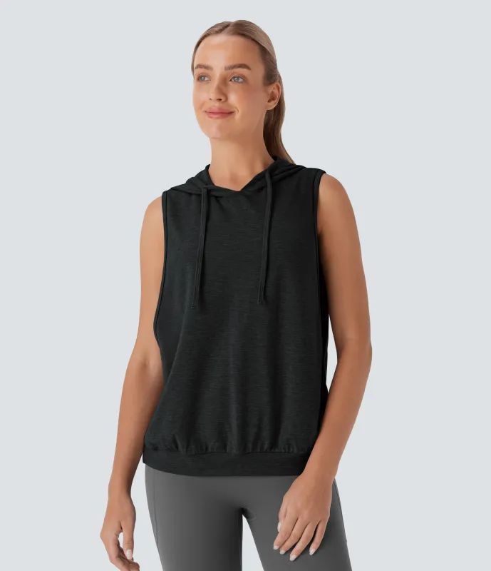 Halara Camiseta de entrenamiento tipo sudadera sin mangas con capucha y cordón ajustable - Mottled Hemp Black - S(Long) sold by Halara