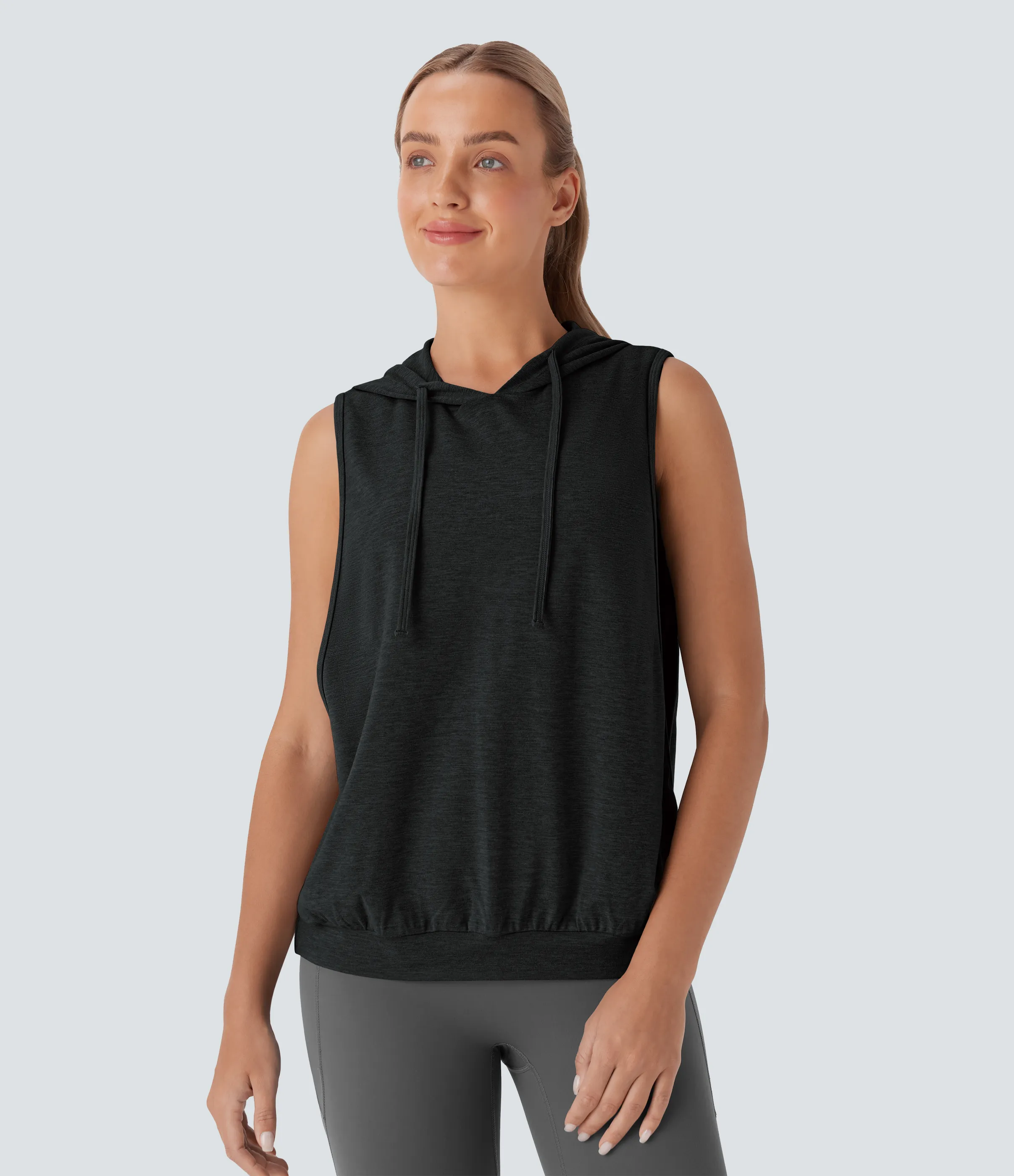 Halara Camiseta de entrenamiento tipo sudadera sin mangas con capucha y cordón ajustable - Mottled Hemp Black - S(Long) sold by Halara product image thumbnail 2