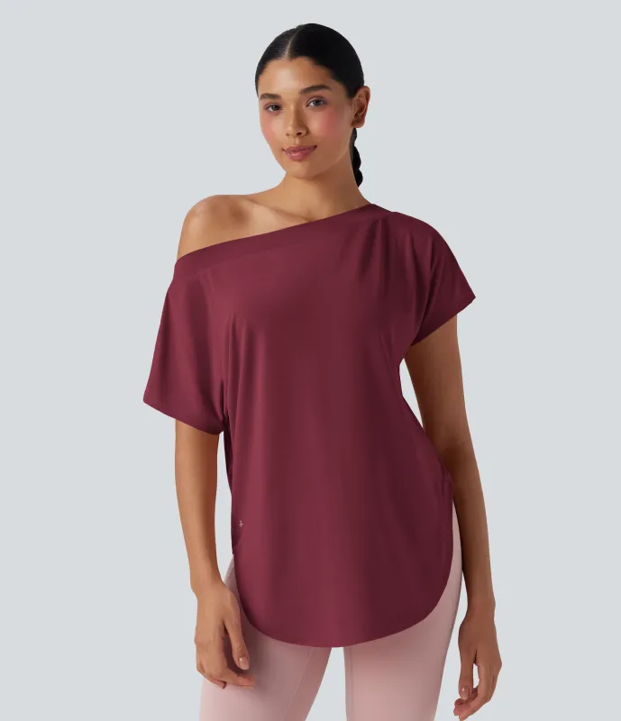 Halara Top deportivo de yoga de manga corta con secado rápido y hombro descubierto con dobladillo curvo - Tibetan Red - L sold by Halara