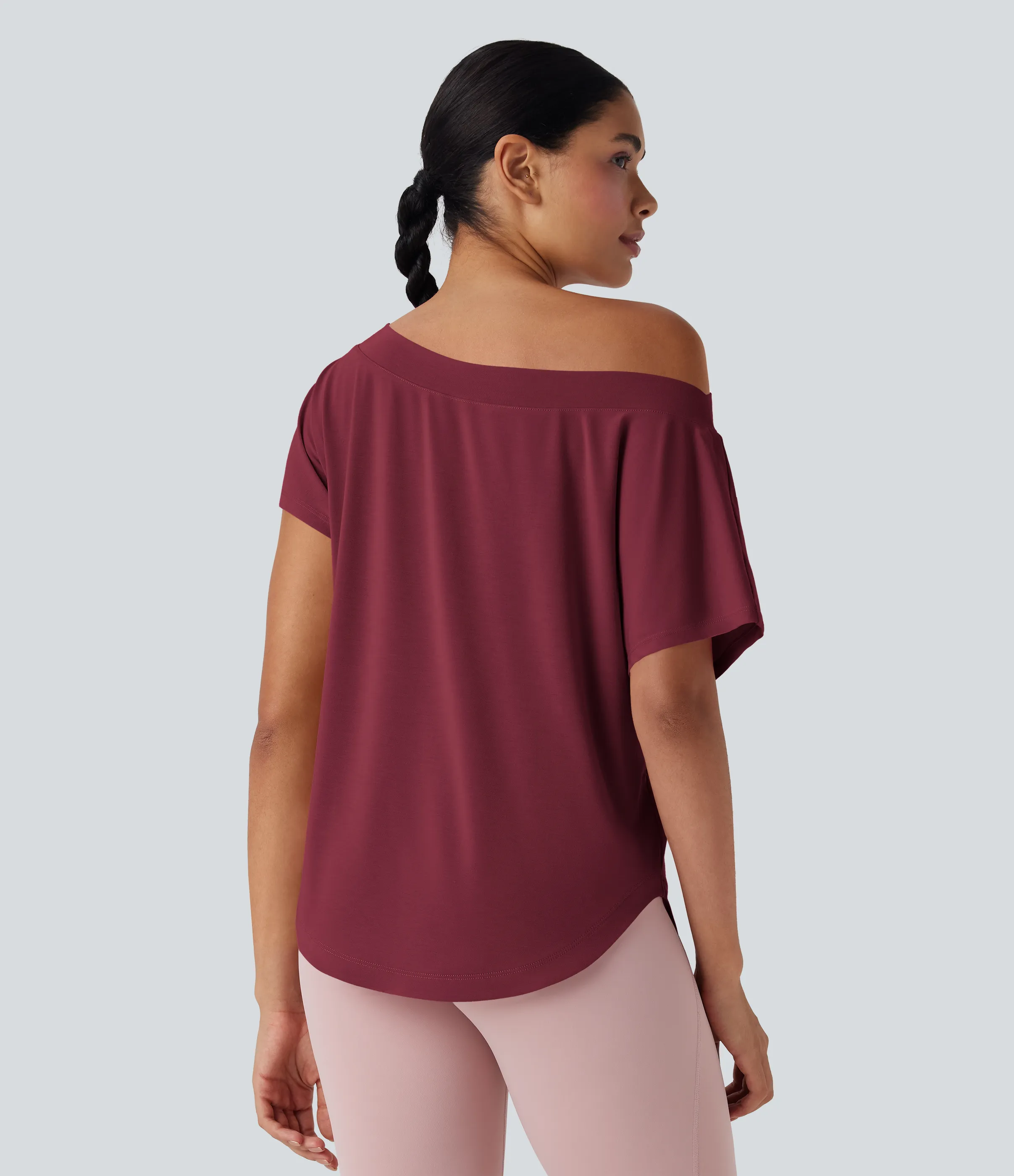 Halara Top deportivo de yoga de manga corta con secado rápido y hombro descubierto con dobladillo curvo - Tibetan Red - L sold by Halara product image thumbnail 3