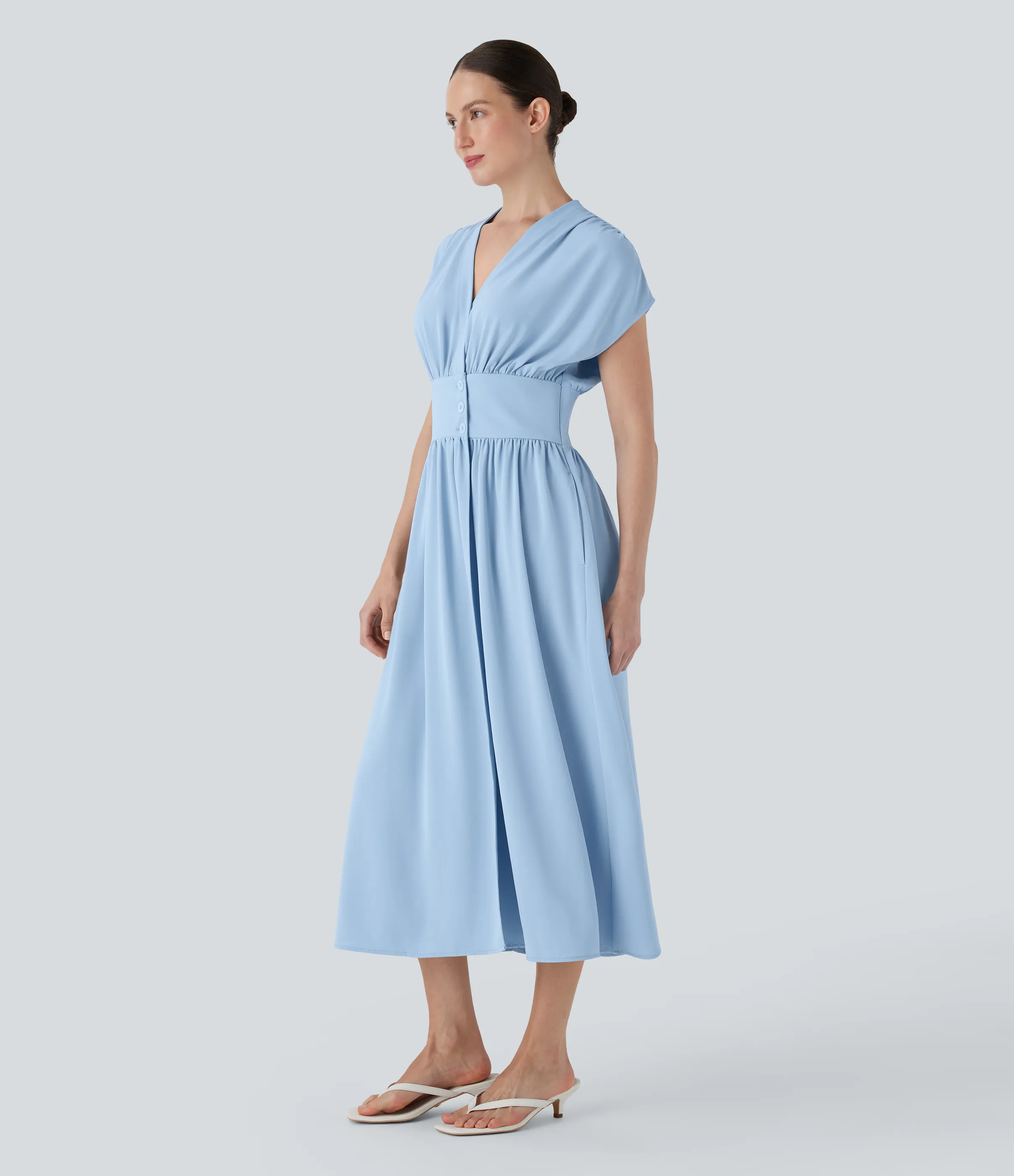 Halara Vestido midi casual fluido con escote en V fruncido y botones con bolsillos - Clear Sky - S sold by Halara product image thumbnail 4