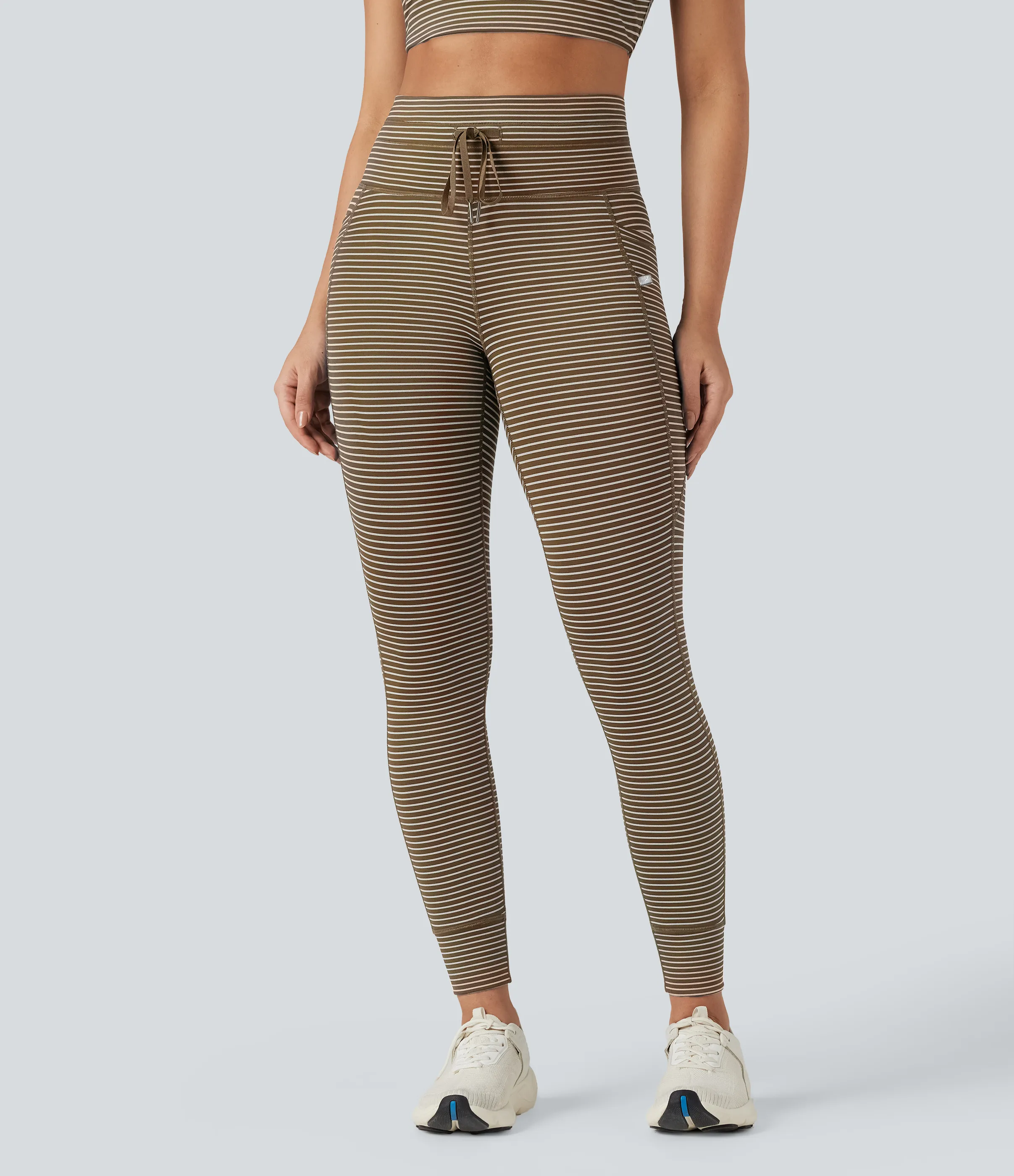 Halara Leggings de yoga de tiro alto a rayas con cordón y bolsillos - Cedar Brown - S(full_length) sold by Halara product image thumbnail 4