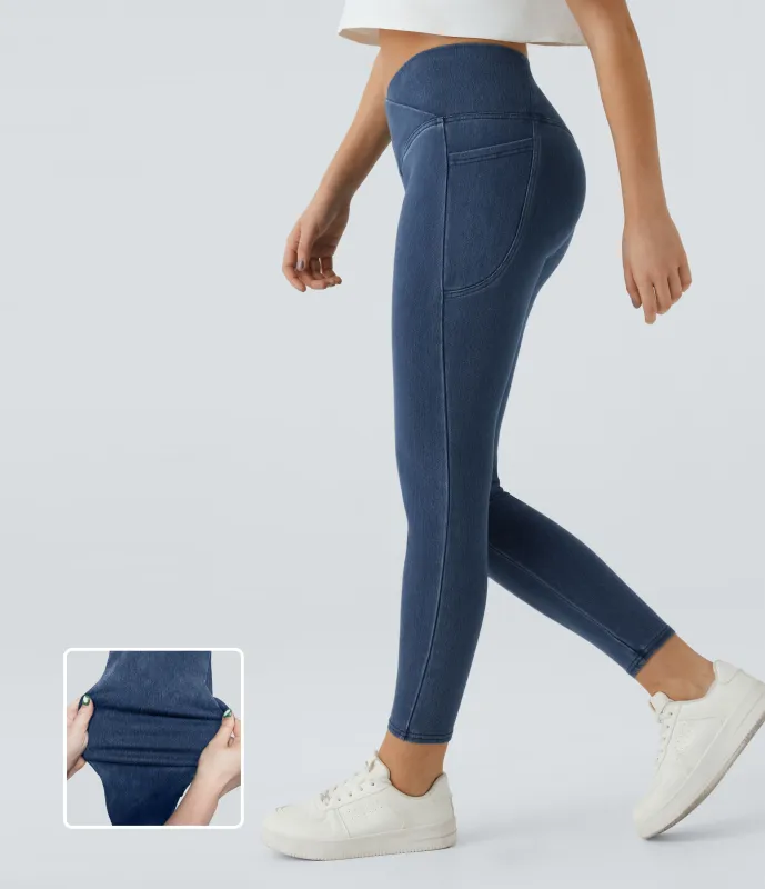 Halara Leggings Halara Flex™ Denim oficina mezclilla elástico lavado bolsillo lateral cruzado - Washed Denim Bleached Blue - S(7/8) made by Halara