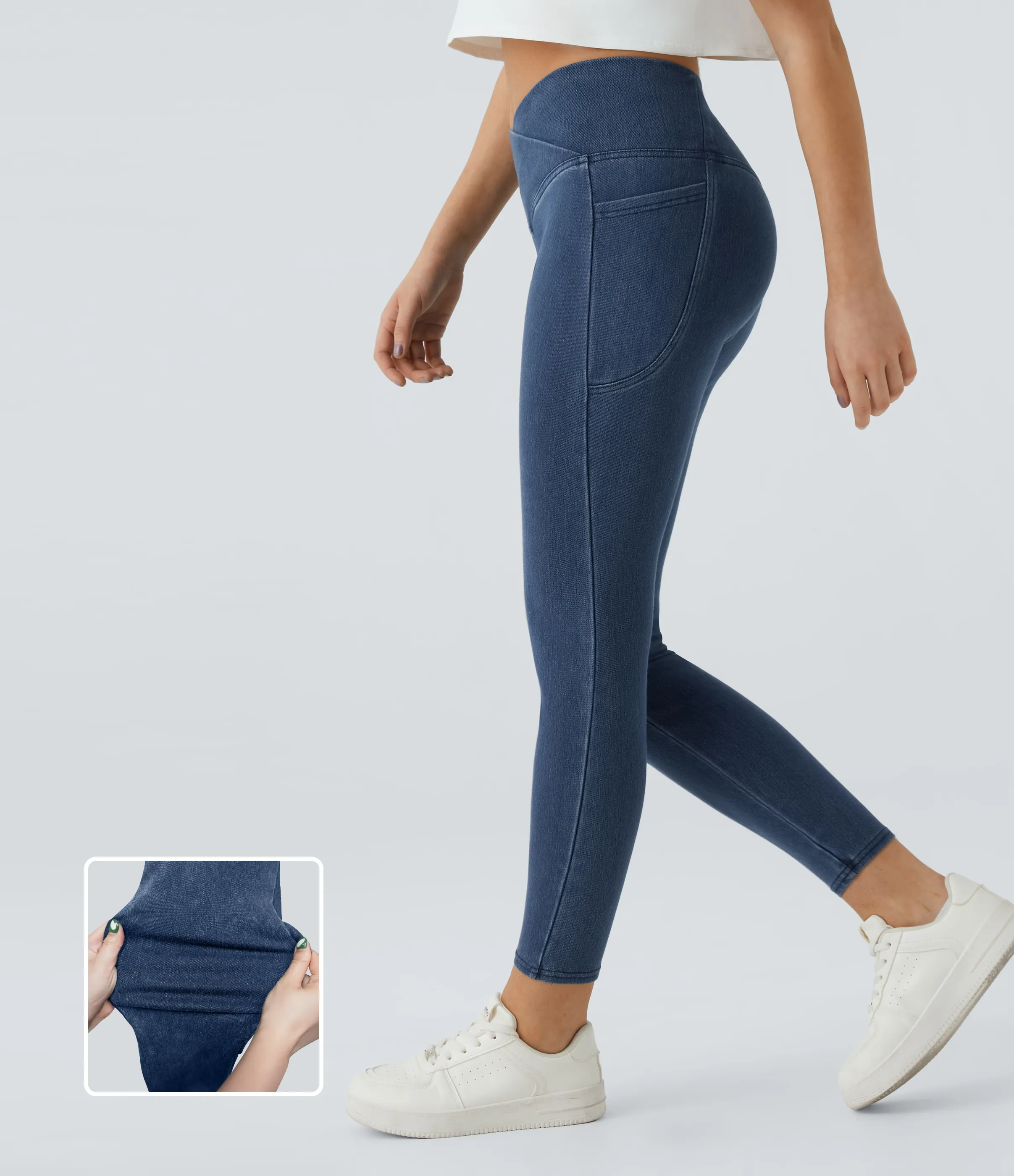 Halara Leggings Halara Flex™ Denim oficina mezclilla elástico lavado bolsillo lateral cruzado - Washed Denim Bleached Blue - L(full_length) sold by Halara product image thumbnail 2