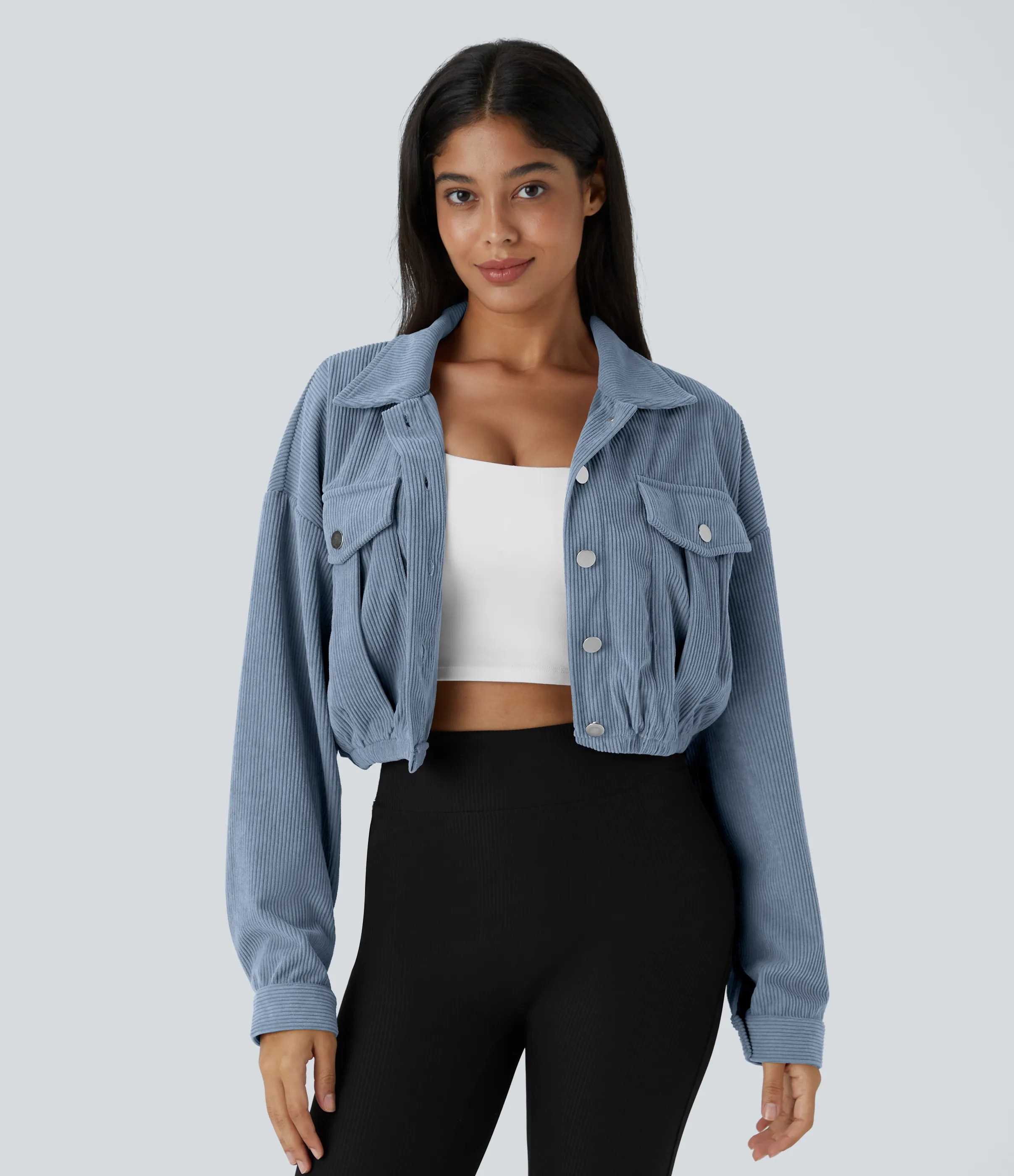 Halara Chaqueta casual de pana recortada con bolsillo con botones y cuello - Dusty Blue - L sold by Halara product image thumbnail 4