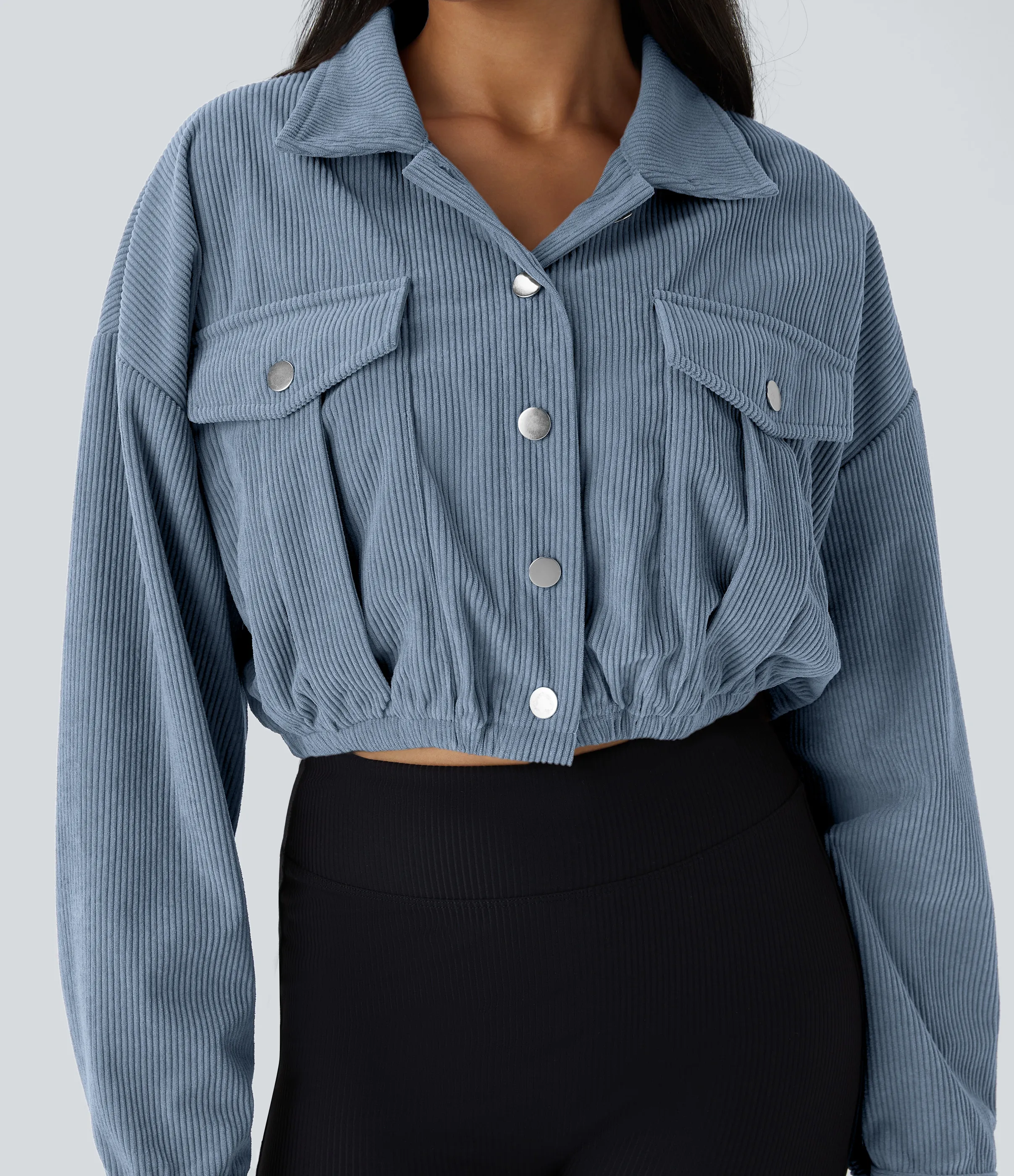 Halara Chaqueta casual de pana recortada con bolsillo con botones y cuello - Dusty Blue - L sold by Halara product image thumbnail 5