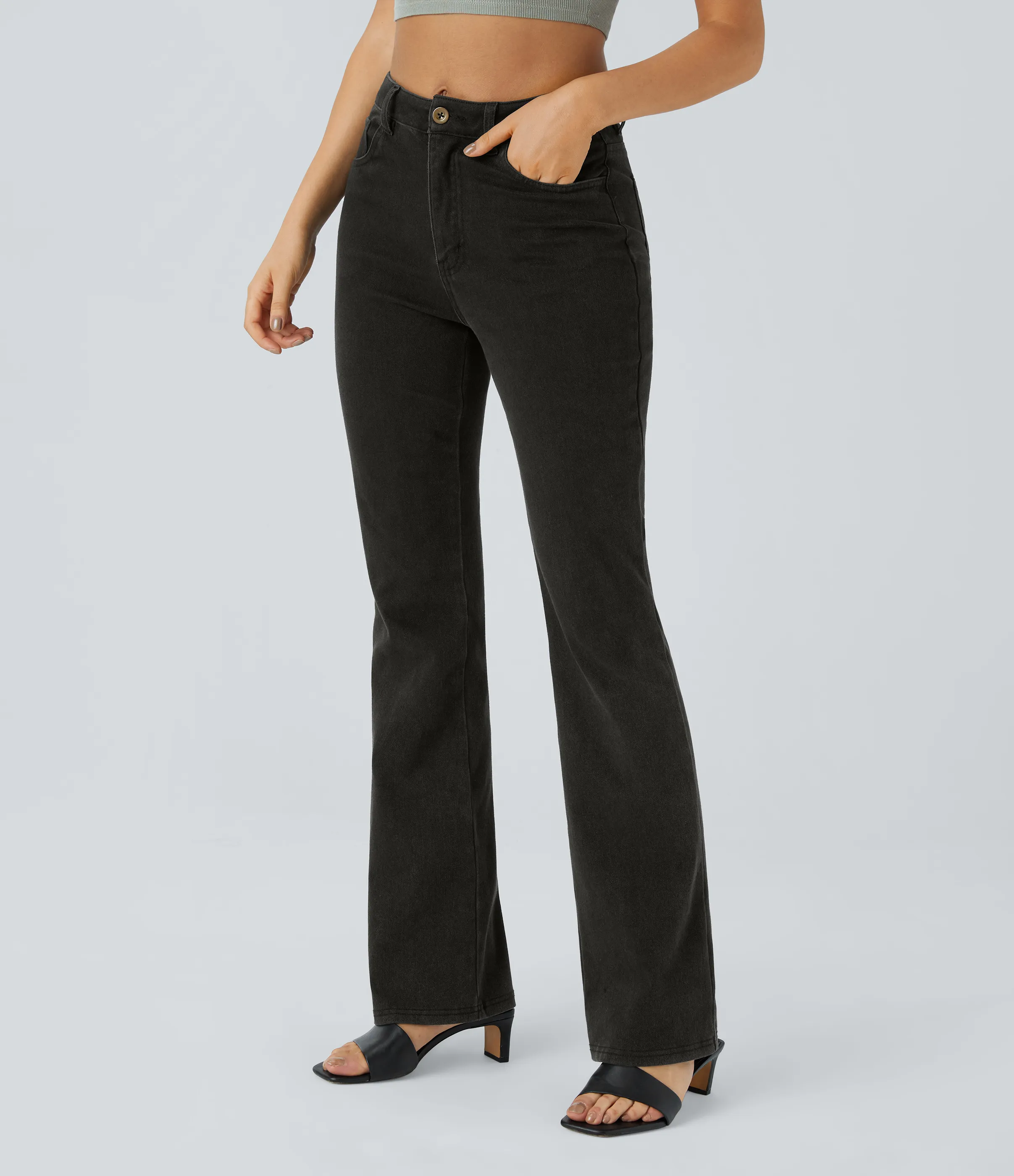 Halara Jeans Halara Flex™ Denim en corte de bota elásticos de tiro medio con botón y bolsillos - Hemp Rope Black Denim - XS(tall) sold by Halara product image thumbnail 4