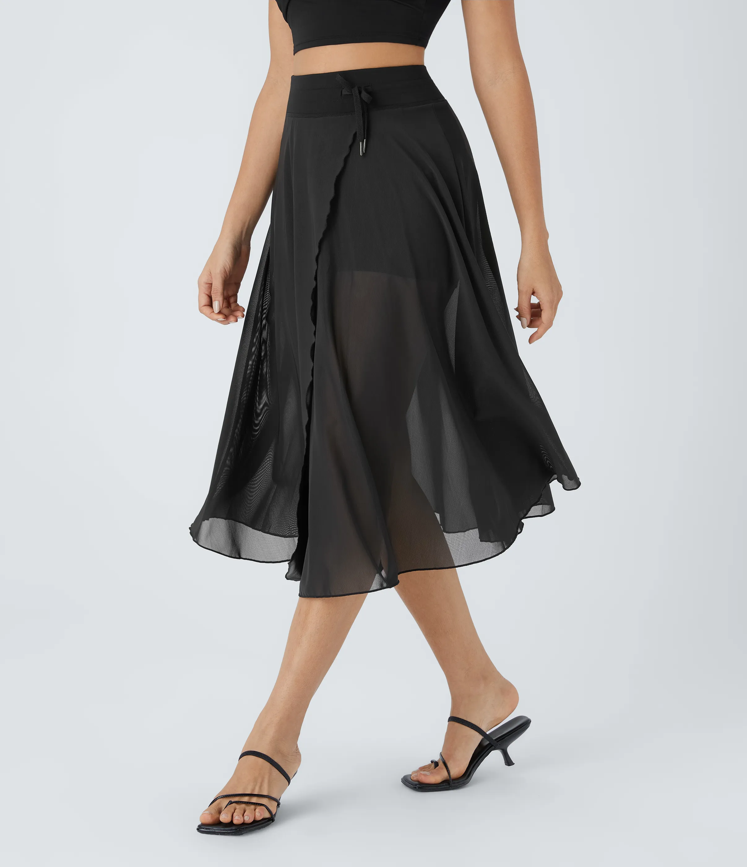 Halara Falda midi casual 2 en 1 acampanada con bolsillo lateral de tiro alto con cordón y malla en contraste - Black - S sold by Halara product image thumbnail 4