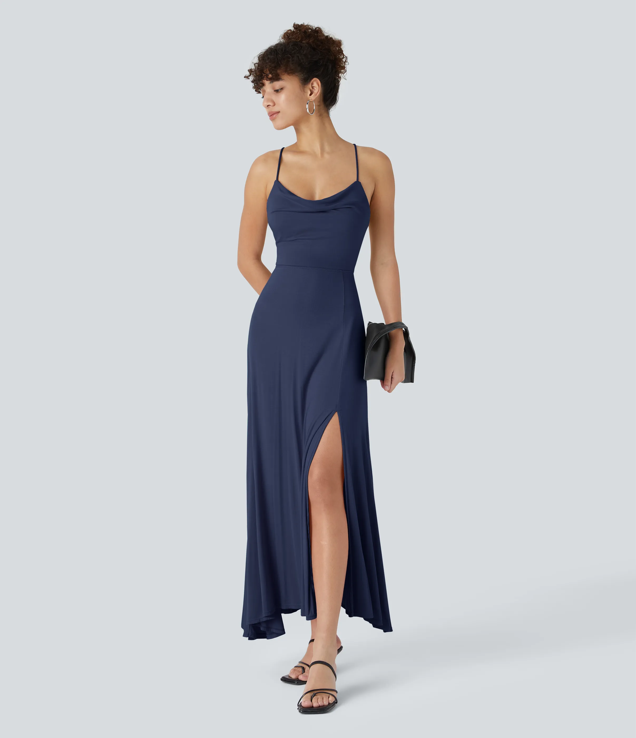 Halara Vestido fiesta midi abertura cordón cruzado sin espalda cuello vuelto acanalado - Nightfall Blue - XL sold by Halara