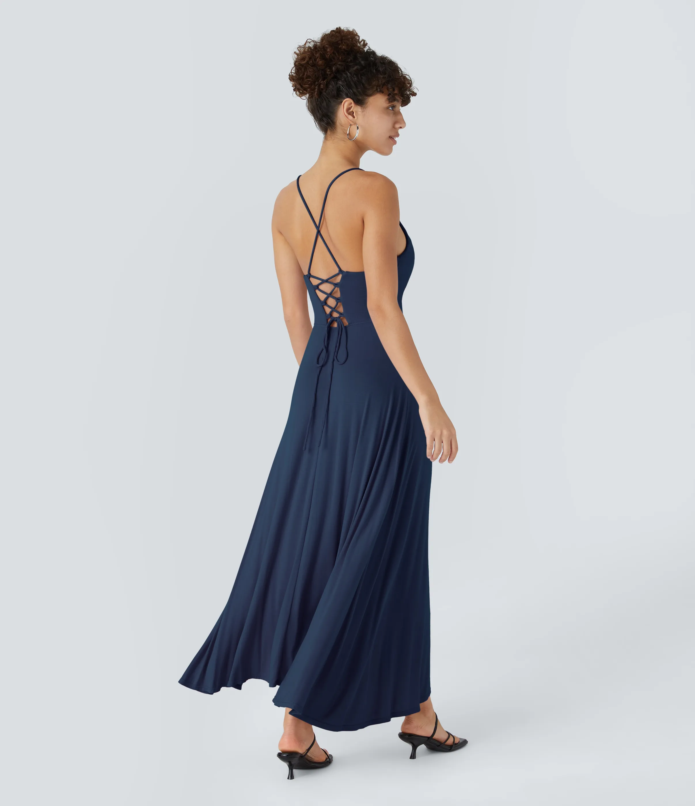 Halara Vestido fiesta midi abertura cordón cruzado sin espalda cuello vuelto acanalado - Nightfall Blue - XL sold by Halara product image thumbnail 3