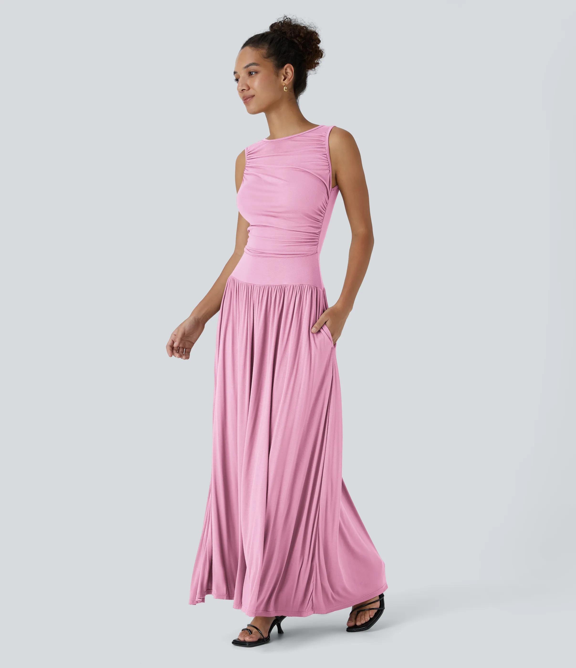 Halara Vestido largo holgado cuello barco acanalado bolsillo lateral fruncido tirante asimétrico - Sweet Lilac - L sold by Halara product image thumbnail 4