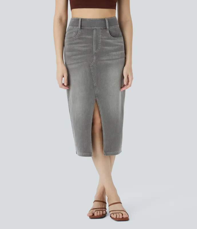Halara Falda Midi Halara Flex™ Denim elástica de tiro alto descolorida con múltiples bolsillos - Black Iron Gray Denim - M(regular) sold by Halara