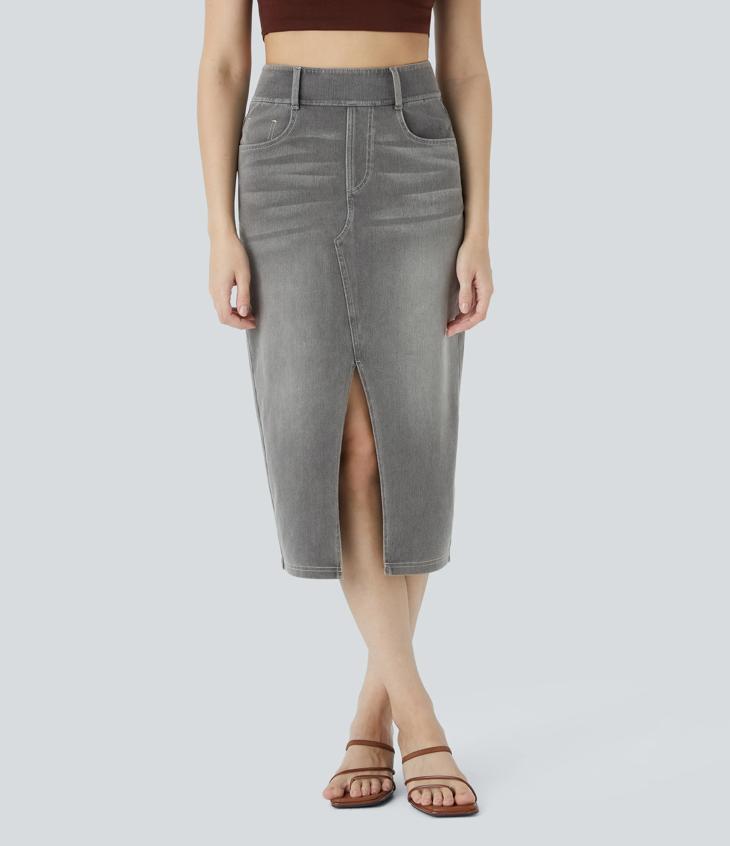 Halara Falda Midi Halara Flex™ Denim elástica de tiro alto descolorida con múltiples bolsillos - Black Iron Gray Denim - M(regular) sold by Halara product image thumbnail 2