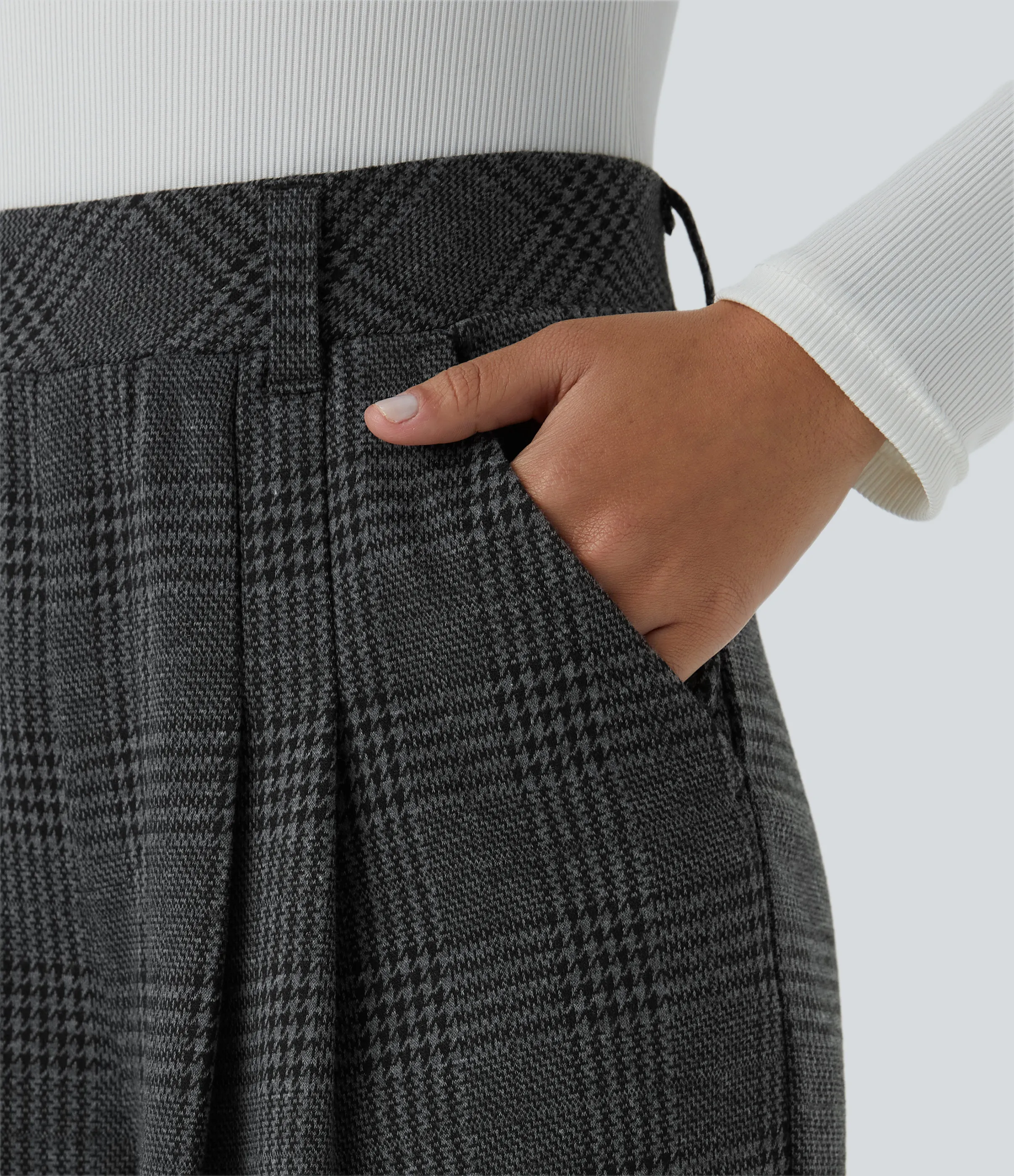 Halara Pantalón tiro alto bolsillo lateral pierna ancha estampado pata gallo - Charcoal Black Houndstooth Plaid - XL(regular) sold by Halara product image thumbnail 5