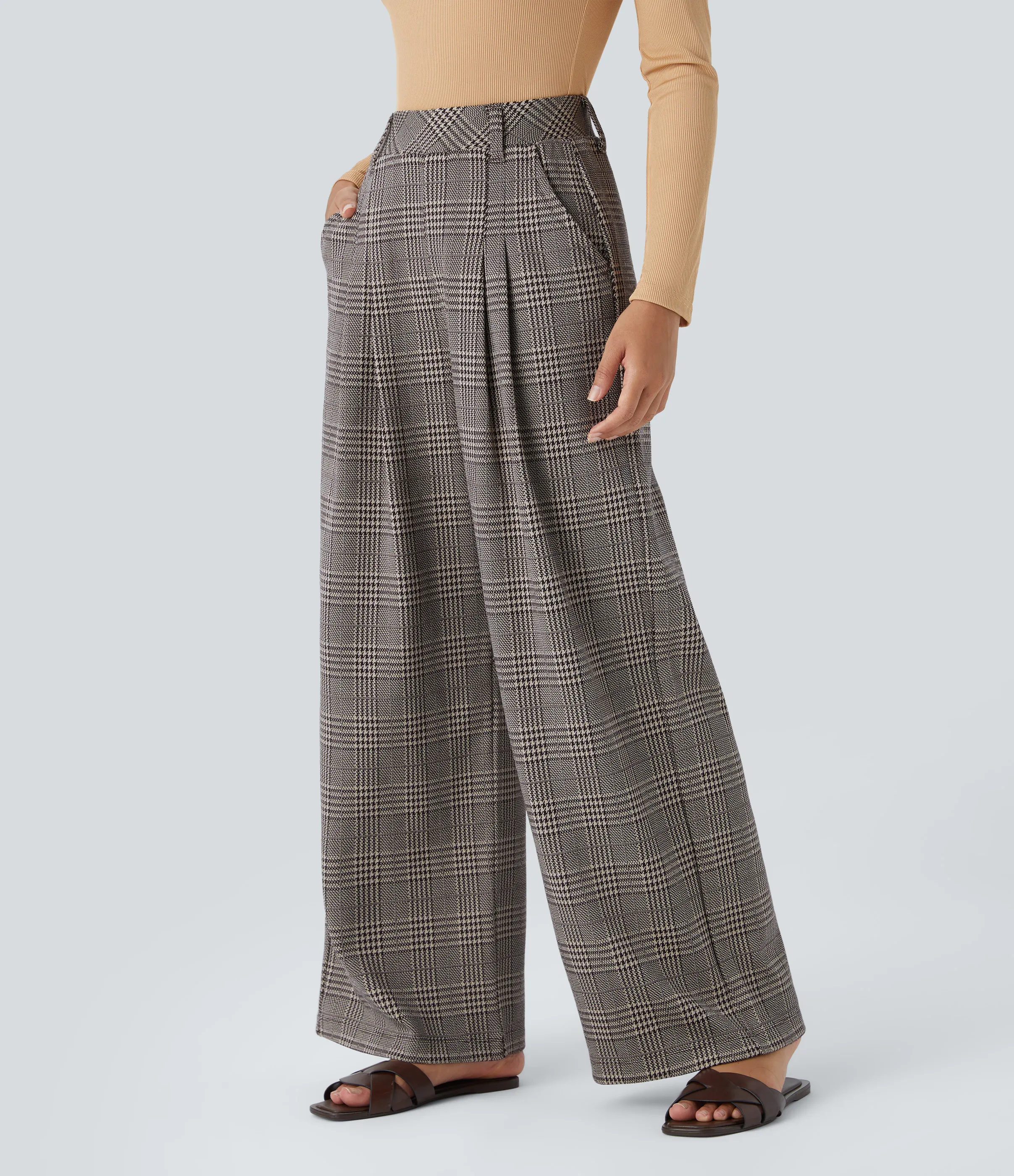 Halara Pantalón tiro alto bolsillo lateral pierna ancha estampado pata gallo - Brown Houndstooth Plaid - XL(tall) sold by Halara product image thumbnail 4