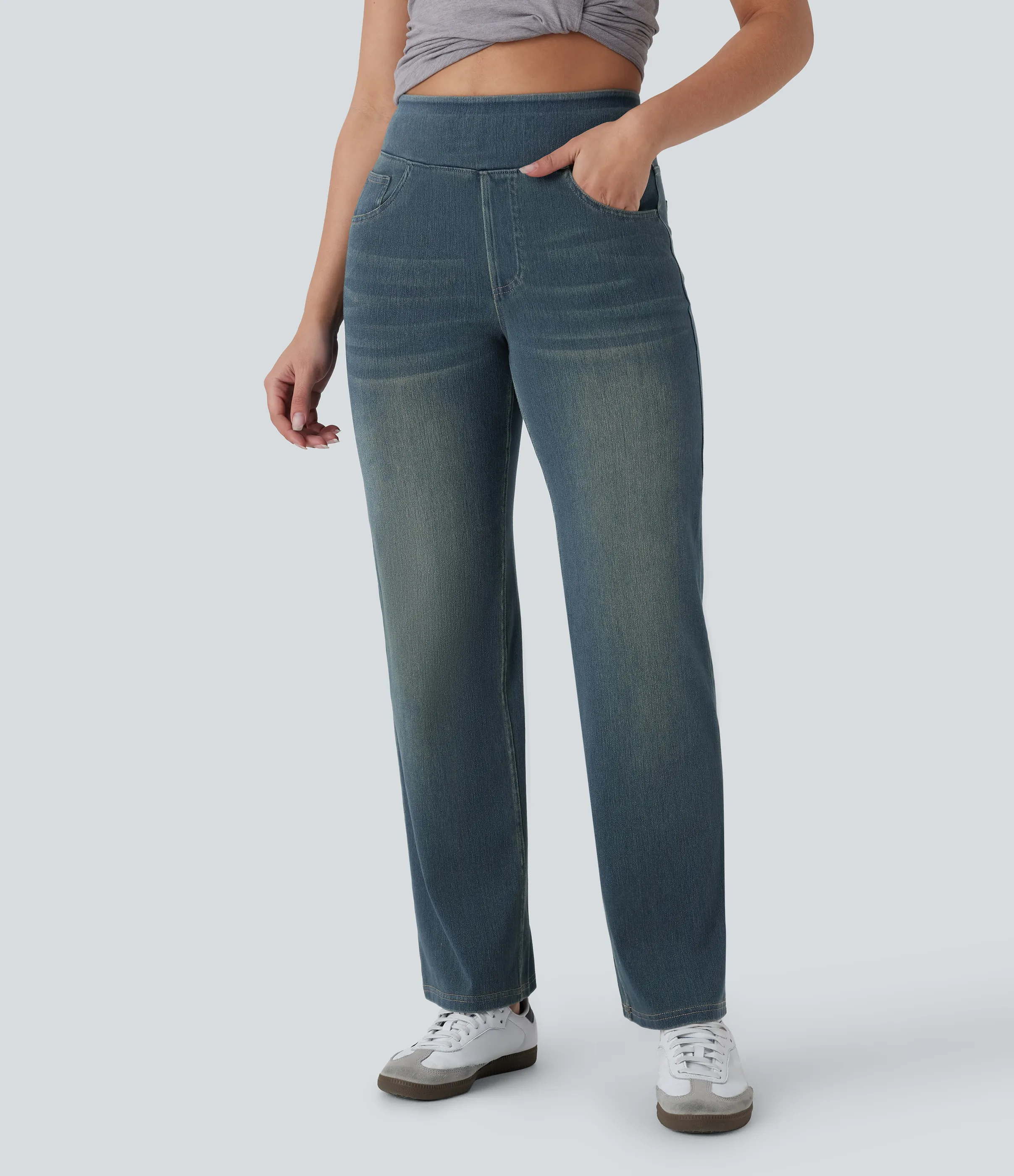 Halara Jeans Halara Flex™ Denim elástico lavado múltiple bolsillo tiro alto - Cement Blue Denim - L(petite) sold by Halara product image thumbnail 2