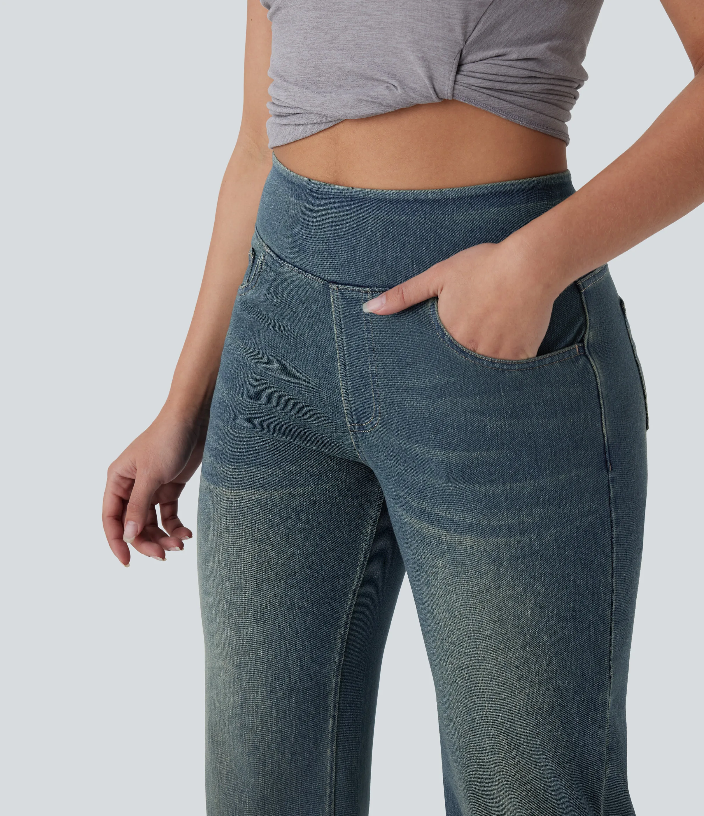 Halara Jeans Halara Flex™ Denim elástico lavado múltiple bolsillo tiro alto - Cement Blue Denim - L(petite) sold by Halara product image thumbnail 5