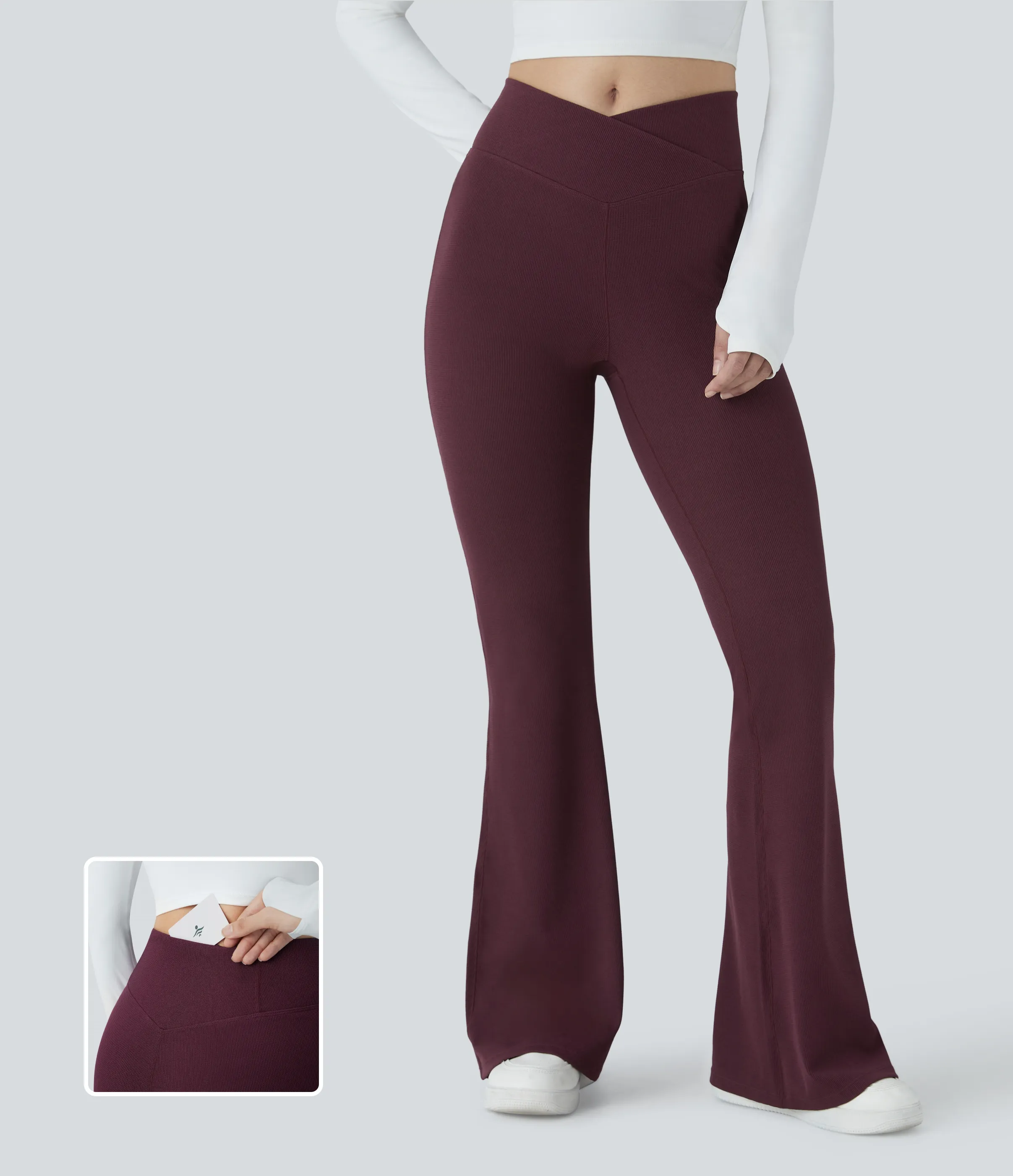 Halara Pantalón acampanado tiro alto bolsillo trasero cruzado - Evening Red - XL(petite) sold by Halara