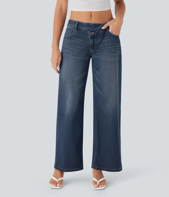 Halara Jeans Baggy Halara Flex™ Denim elástico lavado pierna ancha holgado múltiple bolsillo cierre botón tiro bajo asimétrico - Estate Blue Denim - XL(tall) sold by Halara
