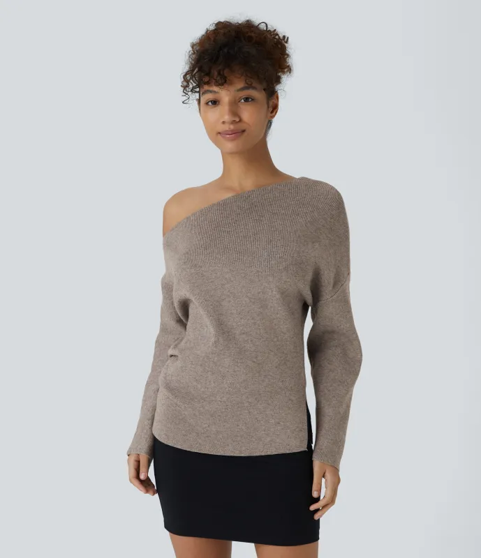 Halara Suéter oficina dividido manga larga sin hombro - Khaki Floral Yarn - S made by Halara