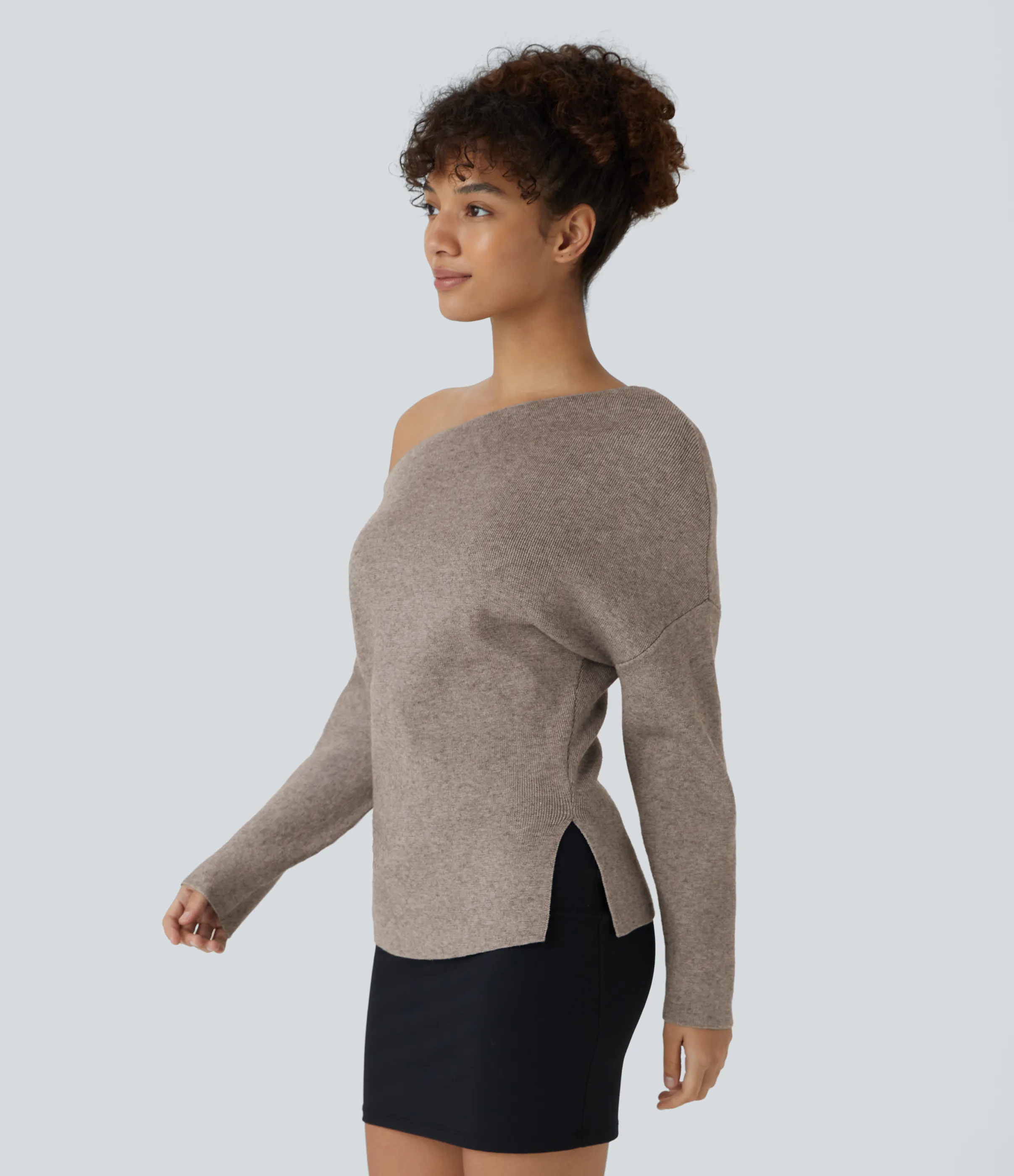 Halara Suéter oficina dividido manga larga sin hombro - Khaki Floral Yarn - S sold by Halara product image thumbnail 4